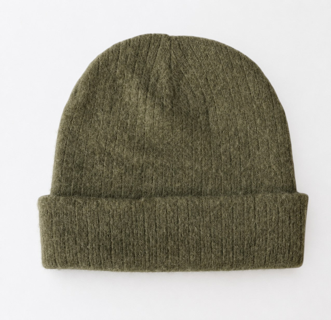 Olive green alpaca blend knit hat by Humphrey Law, proudly Australian made with a wide turn-up cuff