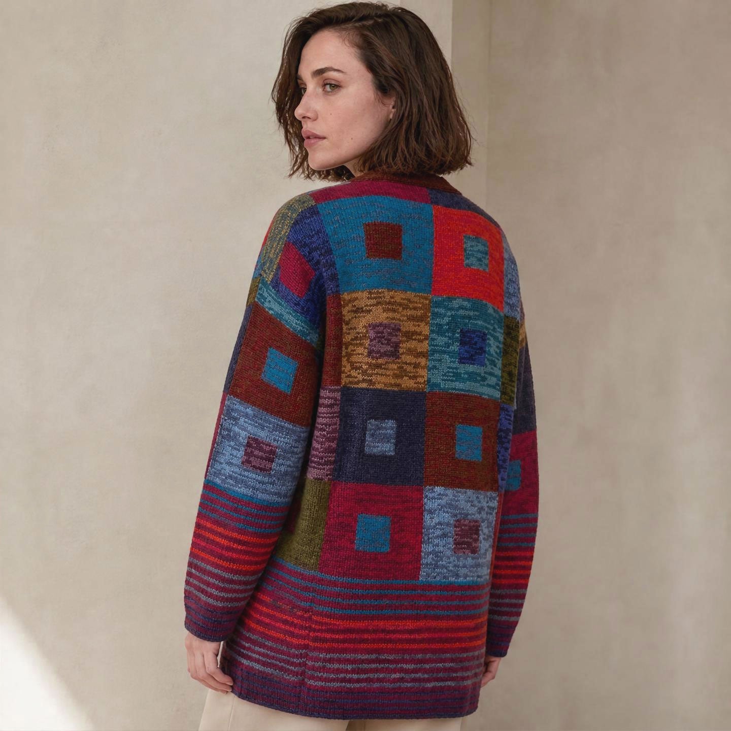 Hailey 100% alpaca long cardigan with colourful square pattern and contrast trim