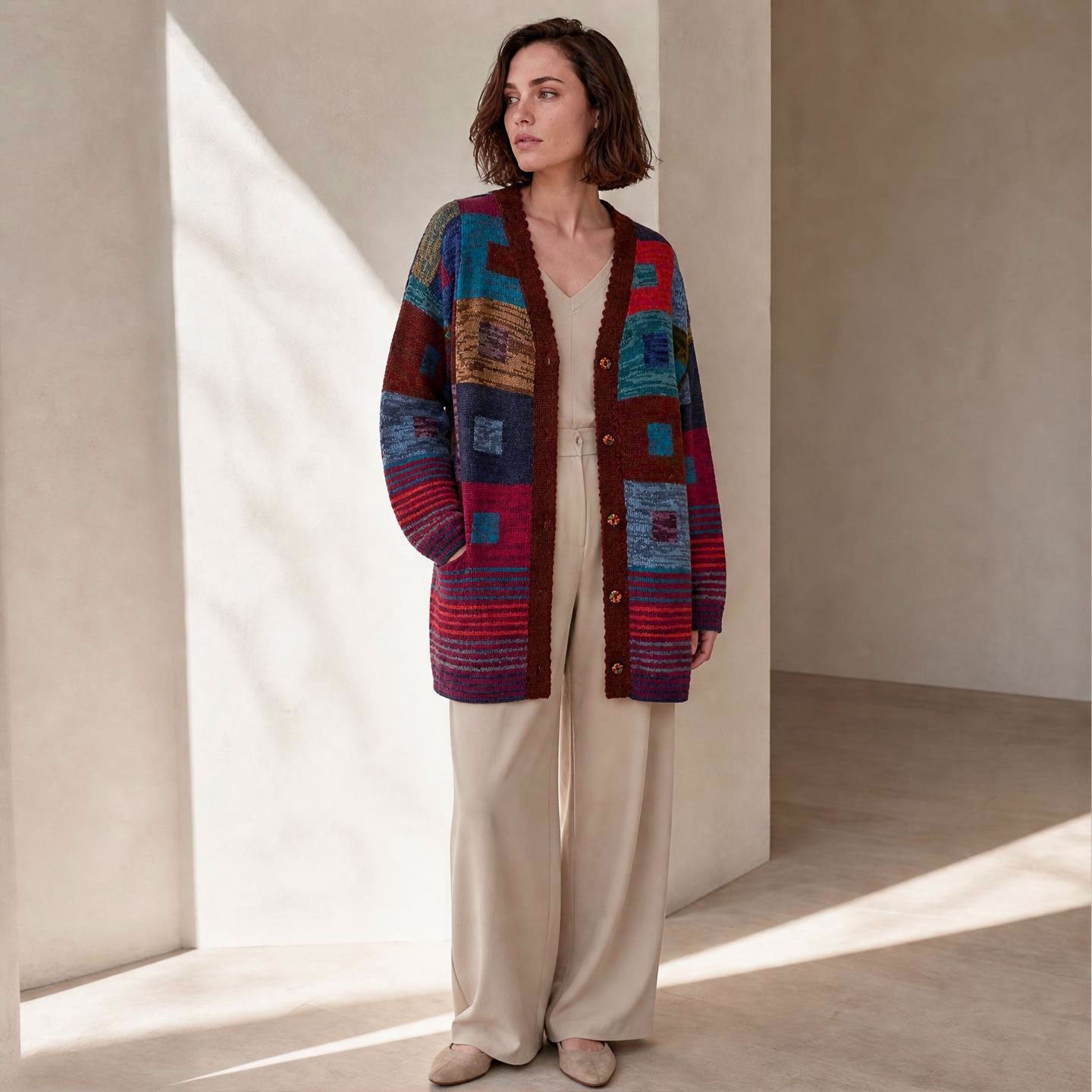 Female model wearing Hailey long patchwork alpaca cardigan in vibrant colours