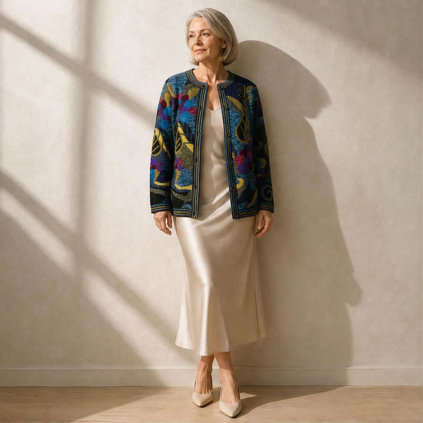 Woman wearing Janet hand knitted alpaca cardigan with colourful botanical design