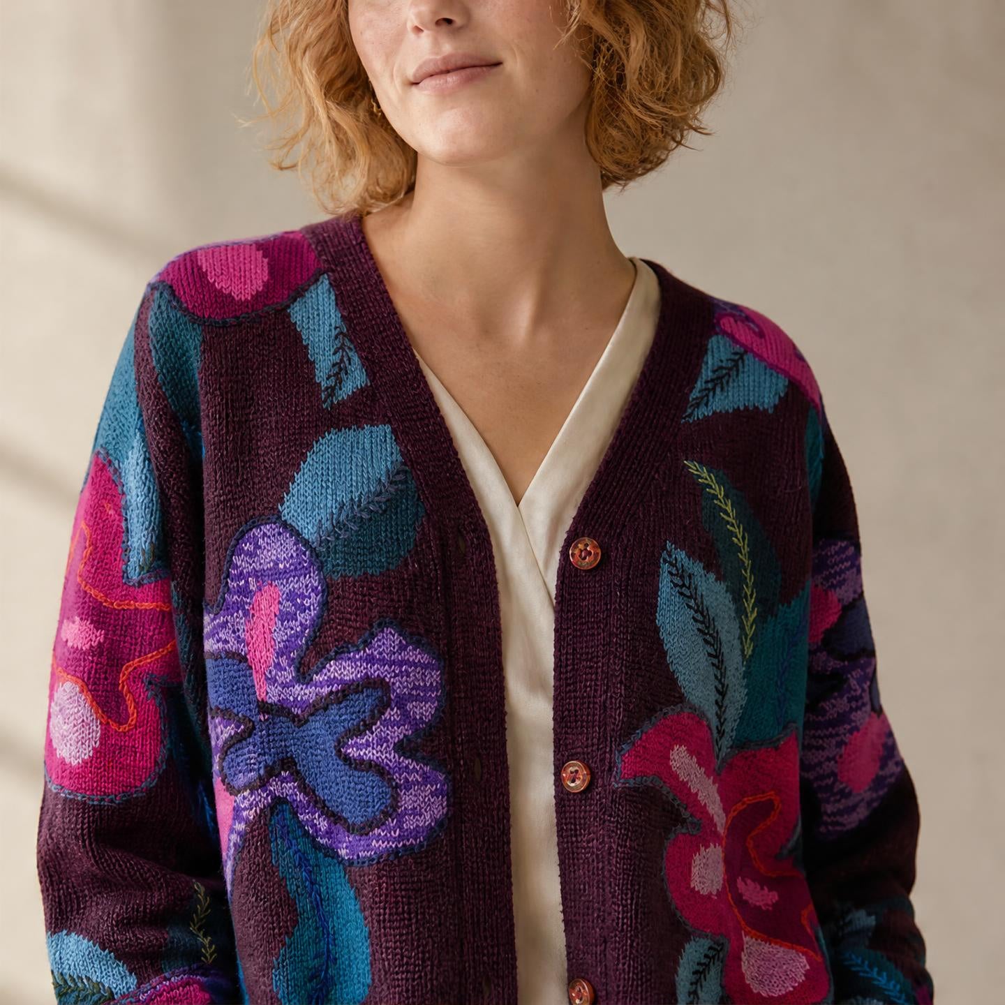 Women’s Genevieve floral alpaca cardigan made in Peru