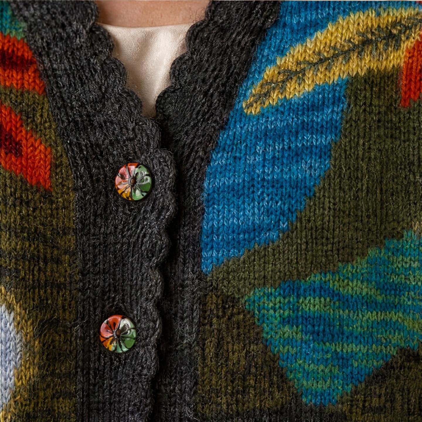 Heidi 100% alpaca cardigan with teal orange and olive floral pattern