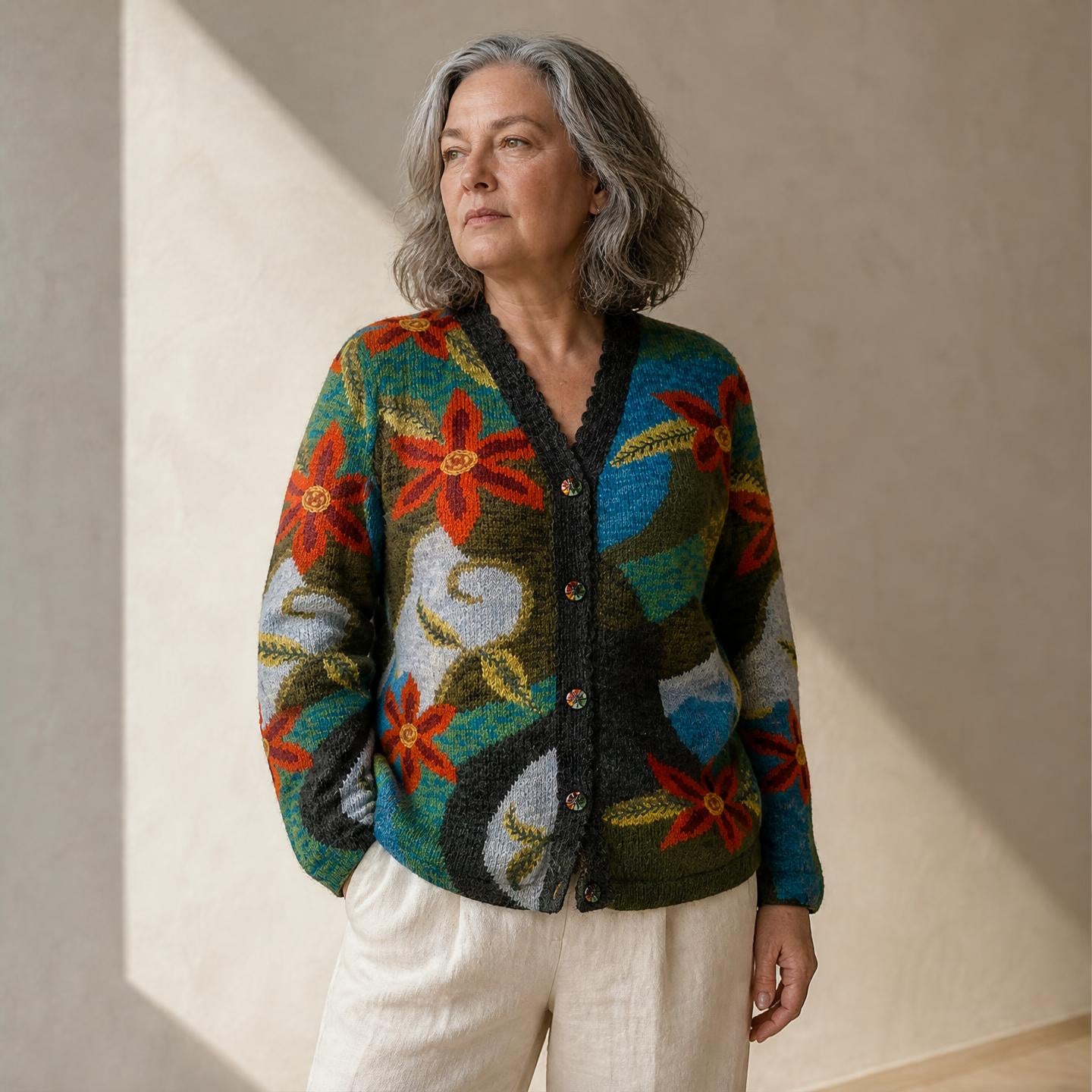 Hand knitted alpaca cardigan with scalloped trim and hand painted buttons