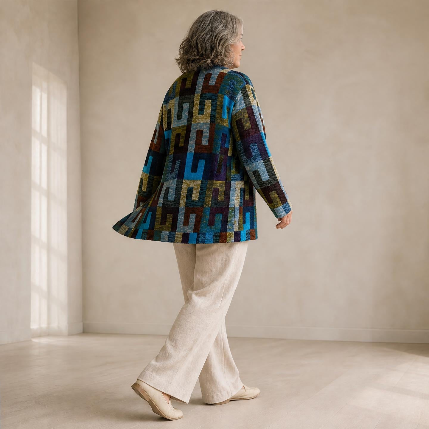 Joanna 100% alpaca long cardigan with colourful blue patchwork design