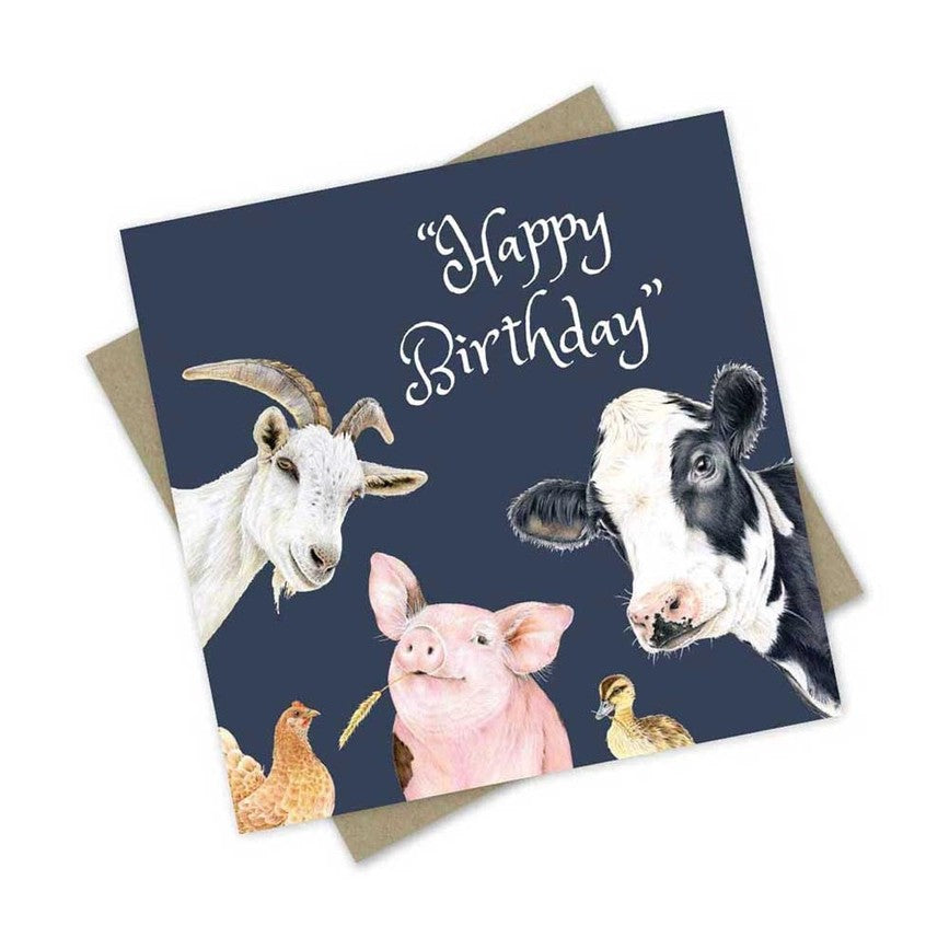 Australian made birthday card featuring a goat, cow, pig, hen and duckling against a dark blue background