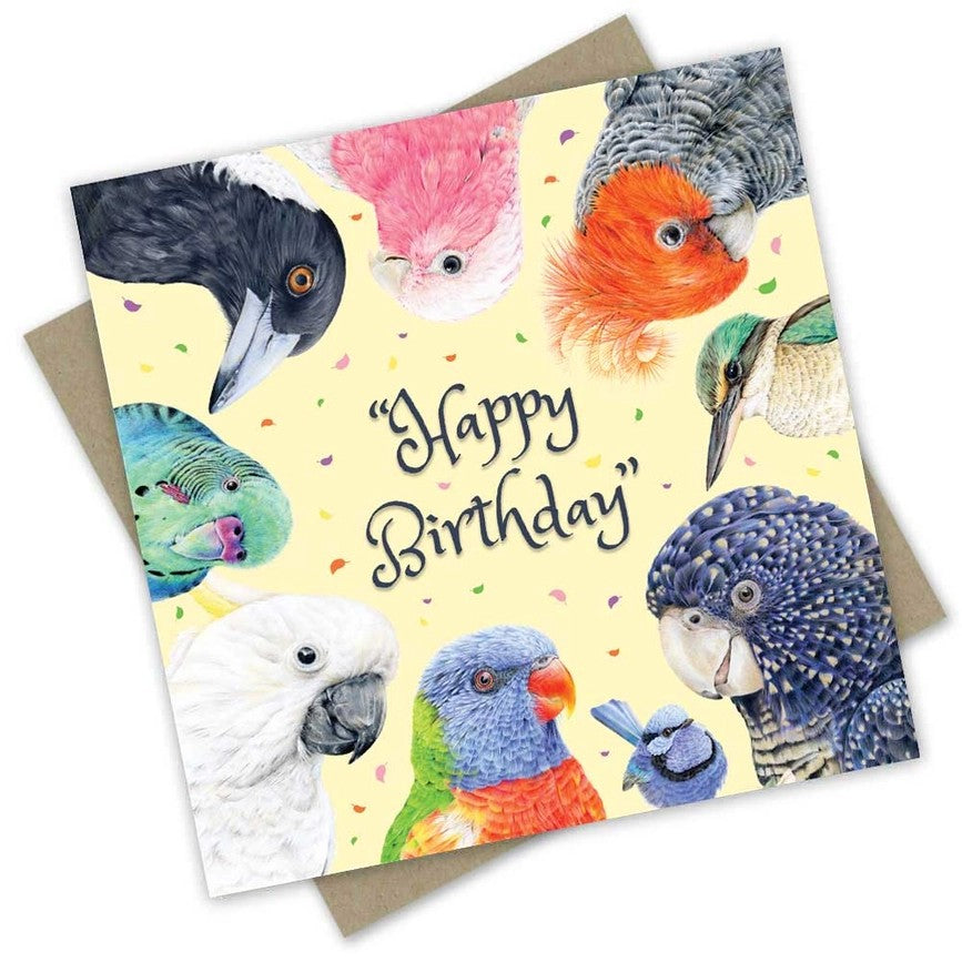 Australian made birthday card featuring colourful Australian birds surrounding a Happy Birthday message with confetti