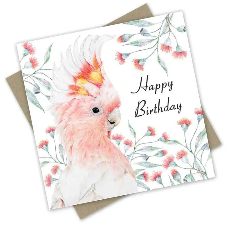 Australian birthday card featuring a pink Major Mitchell’s cockatoo surrounded by delicate flowering eucalyptus and “Happy Birthday” text.