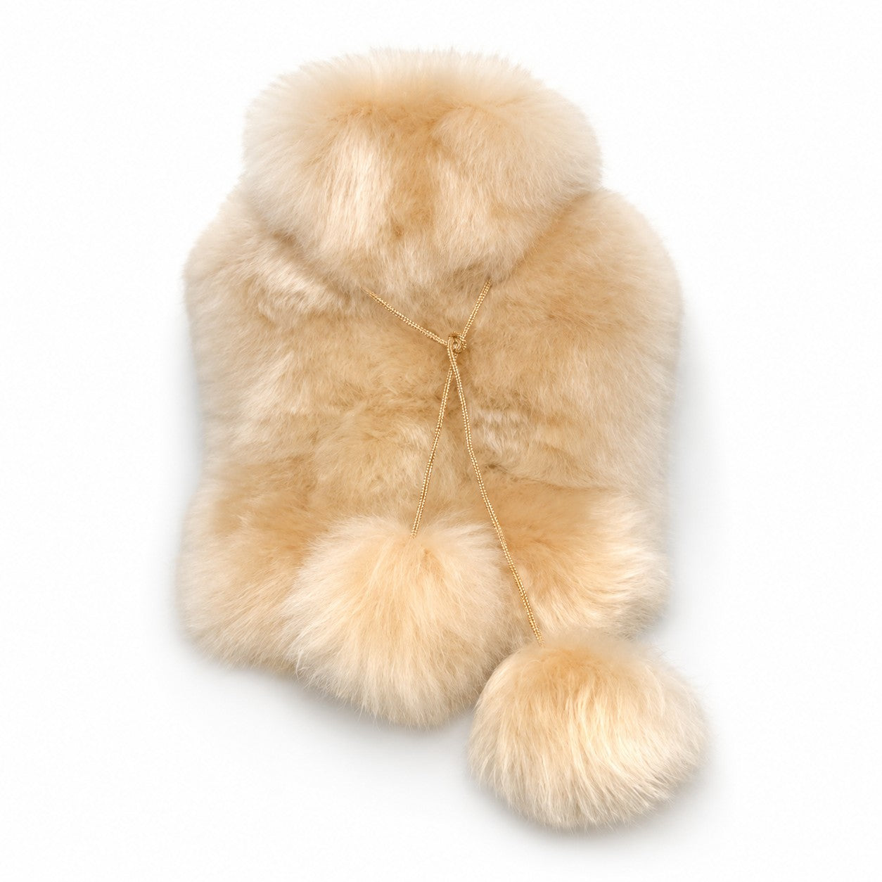 Soft alpaca fur hot water bottle in beige, luxury cold weather comfort.