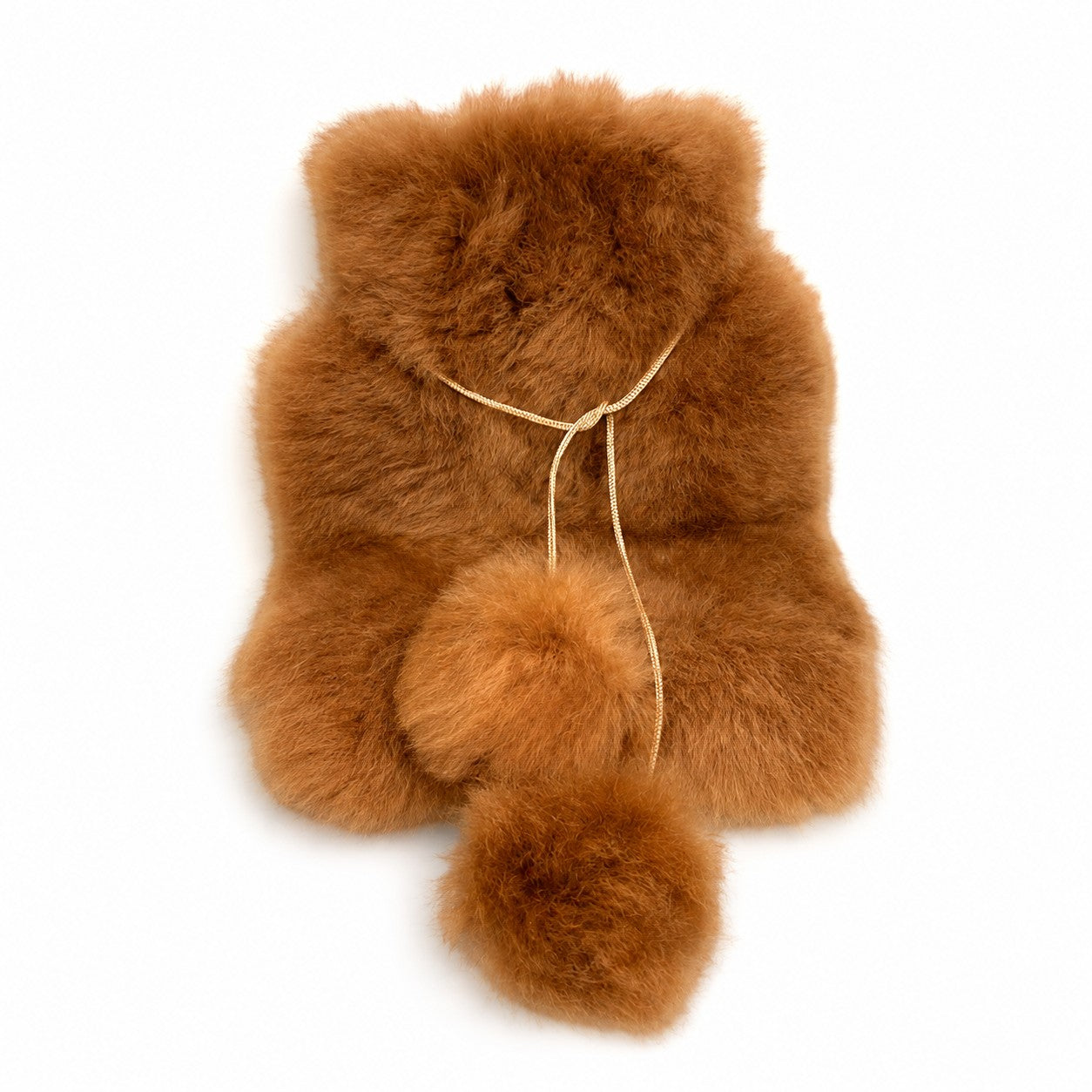 Luxury alpaca fur hot water bottle cover in camel, soft fluffy warmer for cold nights.