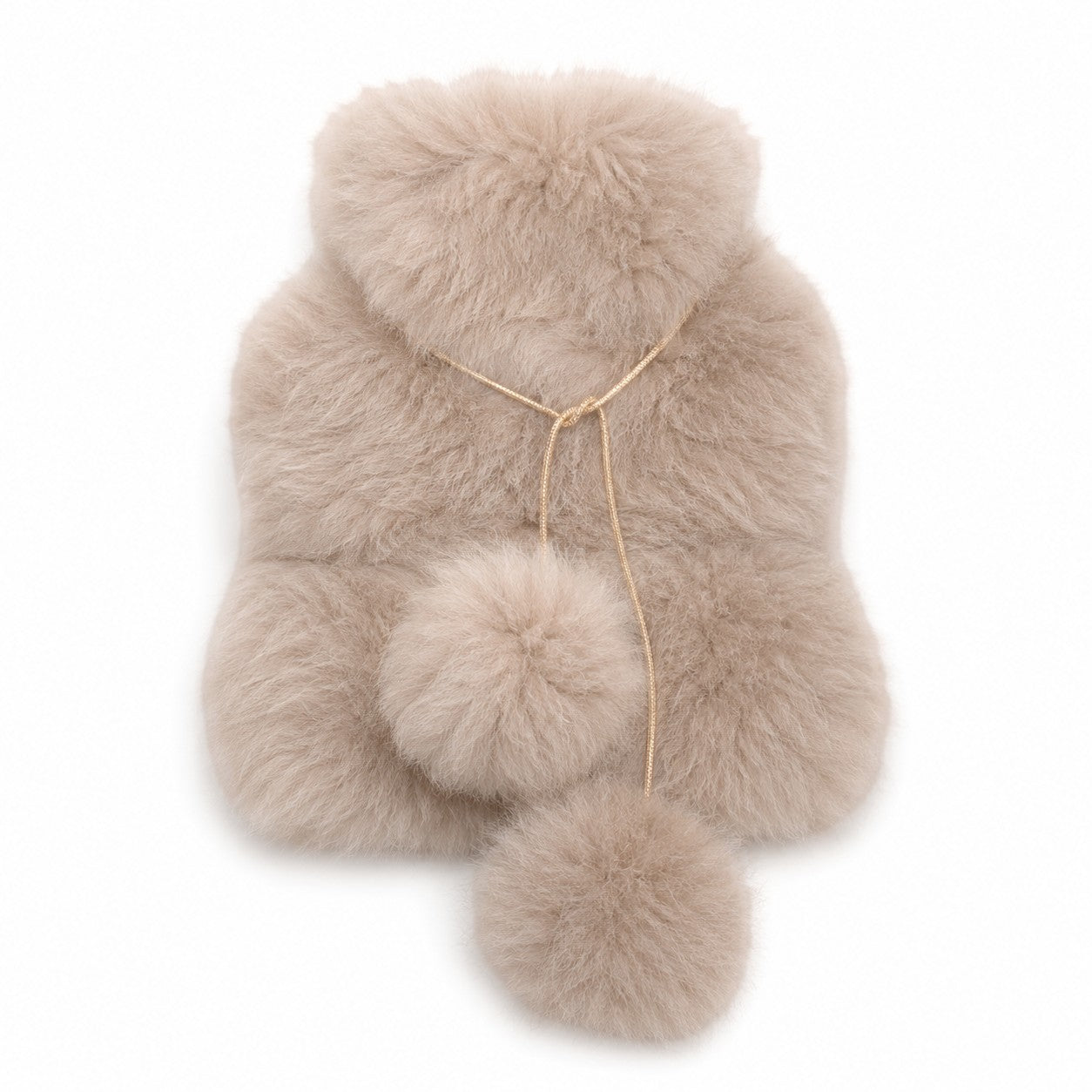 Alpaca fur hot water bottle cover in natural taupe, soft cosy winter warmer.