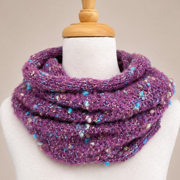 Australian Made Indulge Bouclé Alpaca Cowl in Amethyst purple with soft textured knit and colourful flecks.
