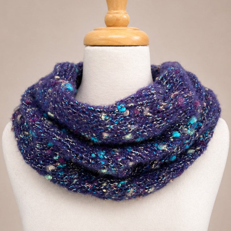 Australian Made Indulge Bouclé Alpaca Cowl in Navy blue with luxurious boucle alpaca knit and colourful flecks