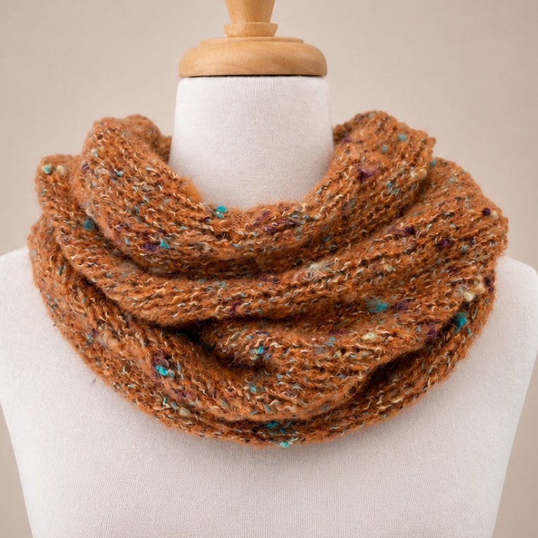 Australian Made Indulge Bouclé Alpaca Cowl in Burnt Orange with textured alpaca boucle knit and colourful flecks.