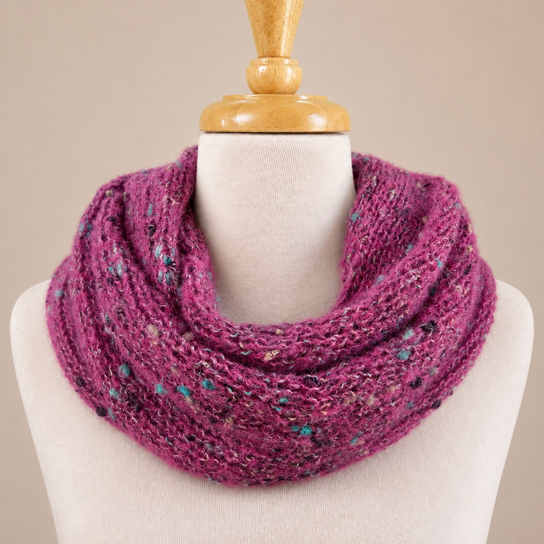 Australian Made Indulge Bouclé Alpaca Cowl in Pink with soft boucle alpaca knit and colourful flecked yarn.