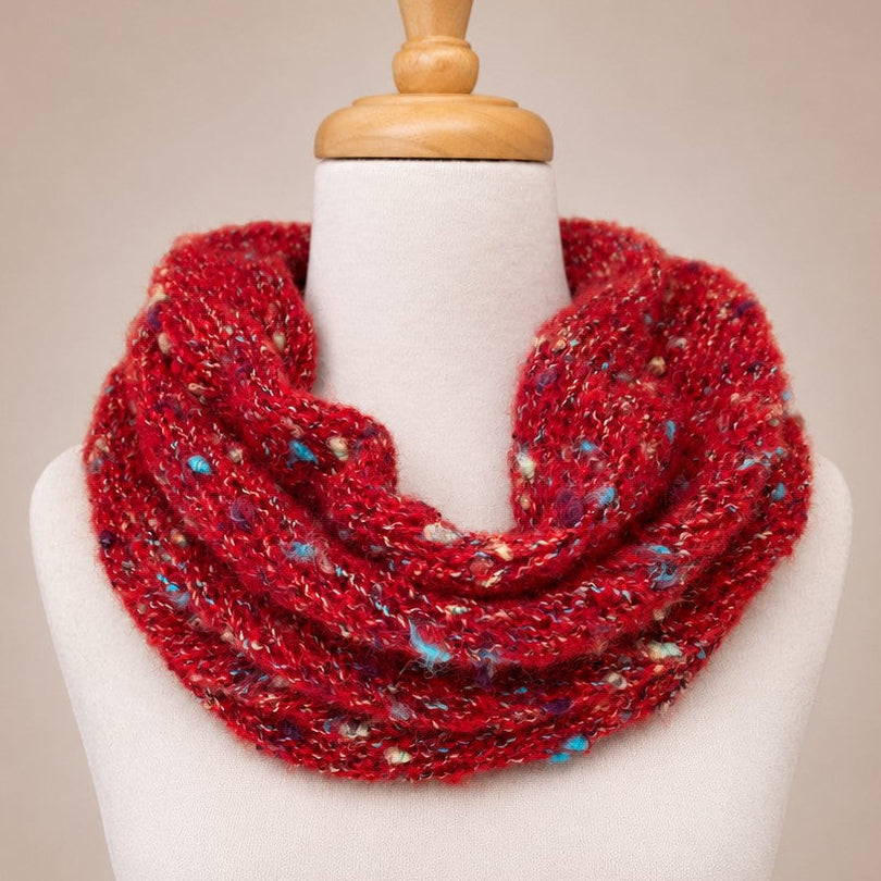 Australian Made Indulge Bouclé Alpaca Cowl in Red with luxurious textured boucle alpaca knit and colourful flecks.