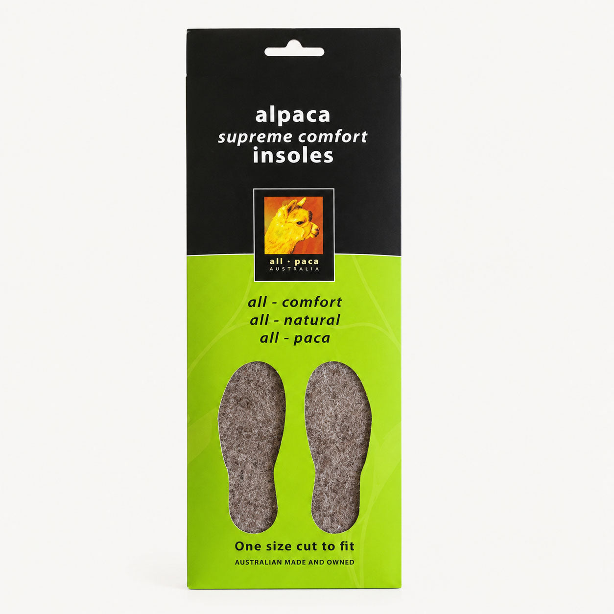 Packaging of alpaca supreme comfort insoles with a green and black design.
