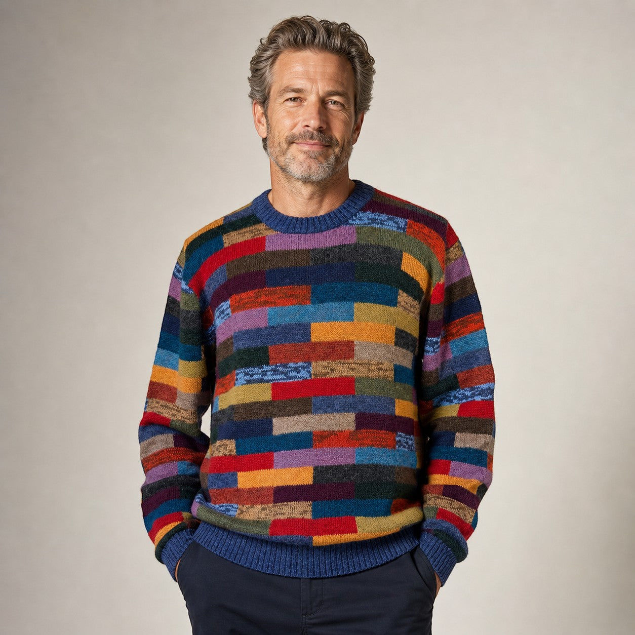 Man wearing multicolour intarsia alpaca sweater