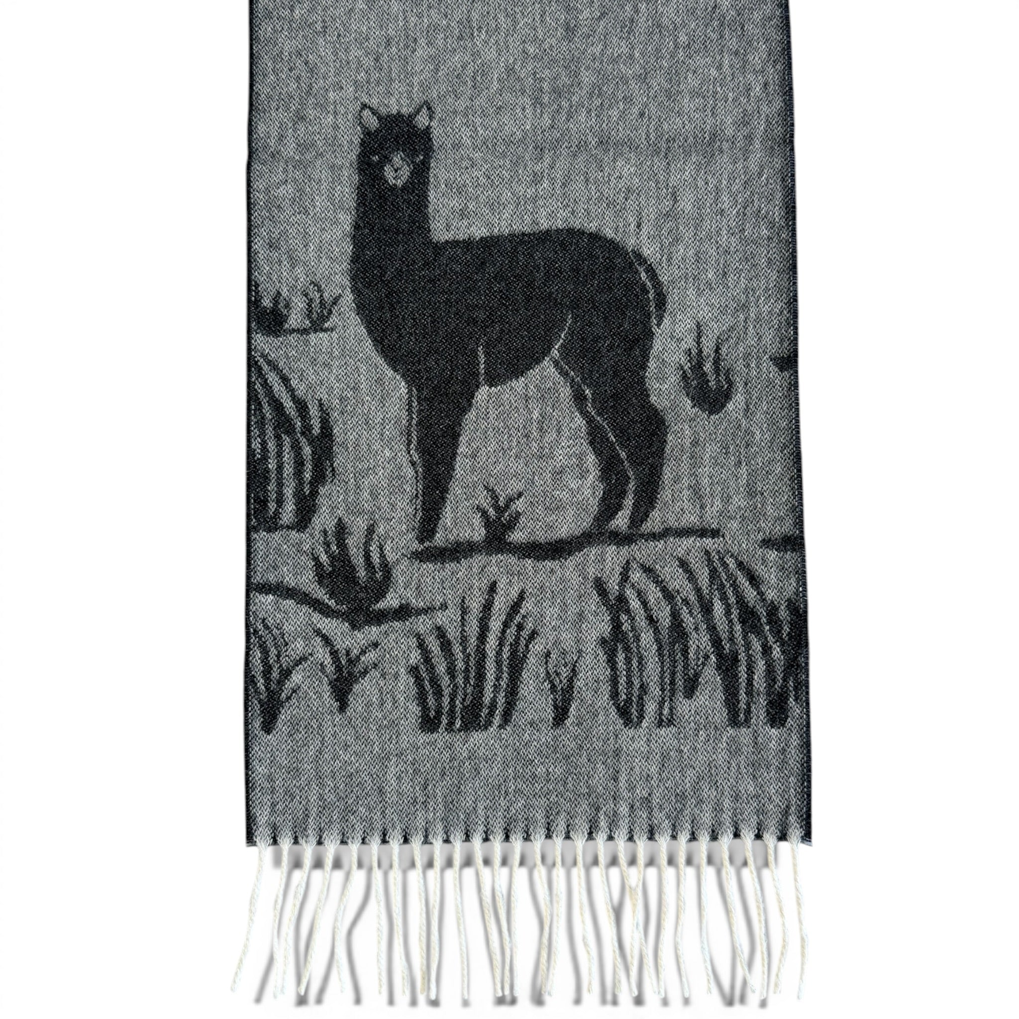 Black and white patterned alpaca scarf with detailed jacquard weave and fringe