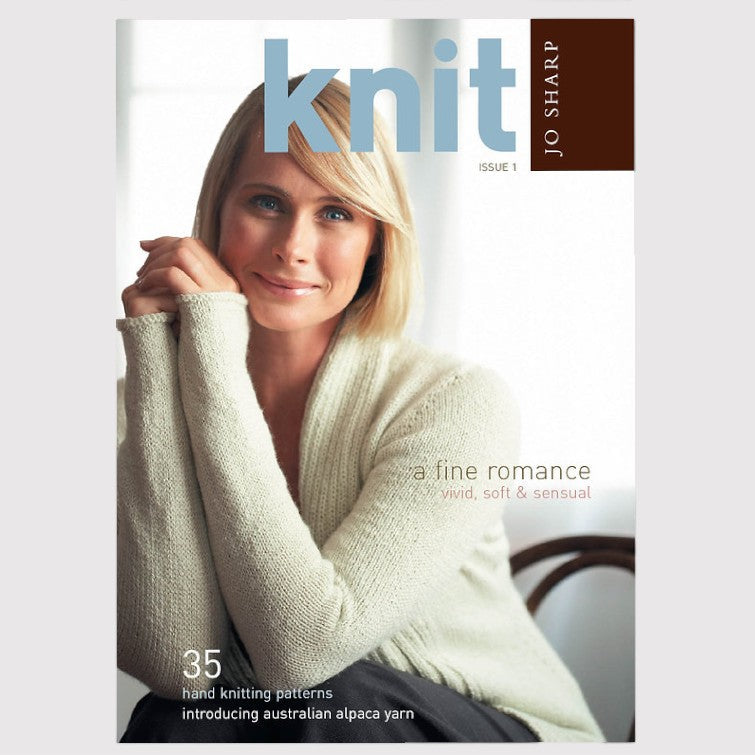 Knit magazine cover featuring Jo Sharp wearing a cream knit cardigan, with the title 'knit' and issue number 1 visible at the top.