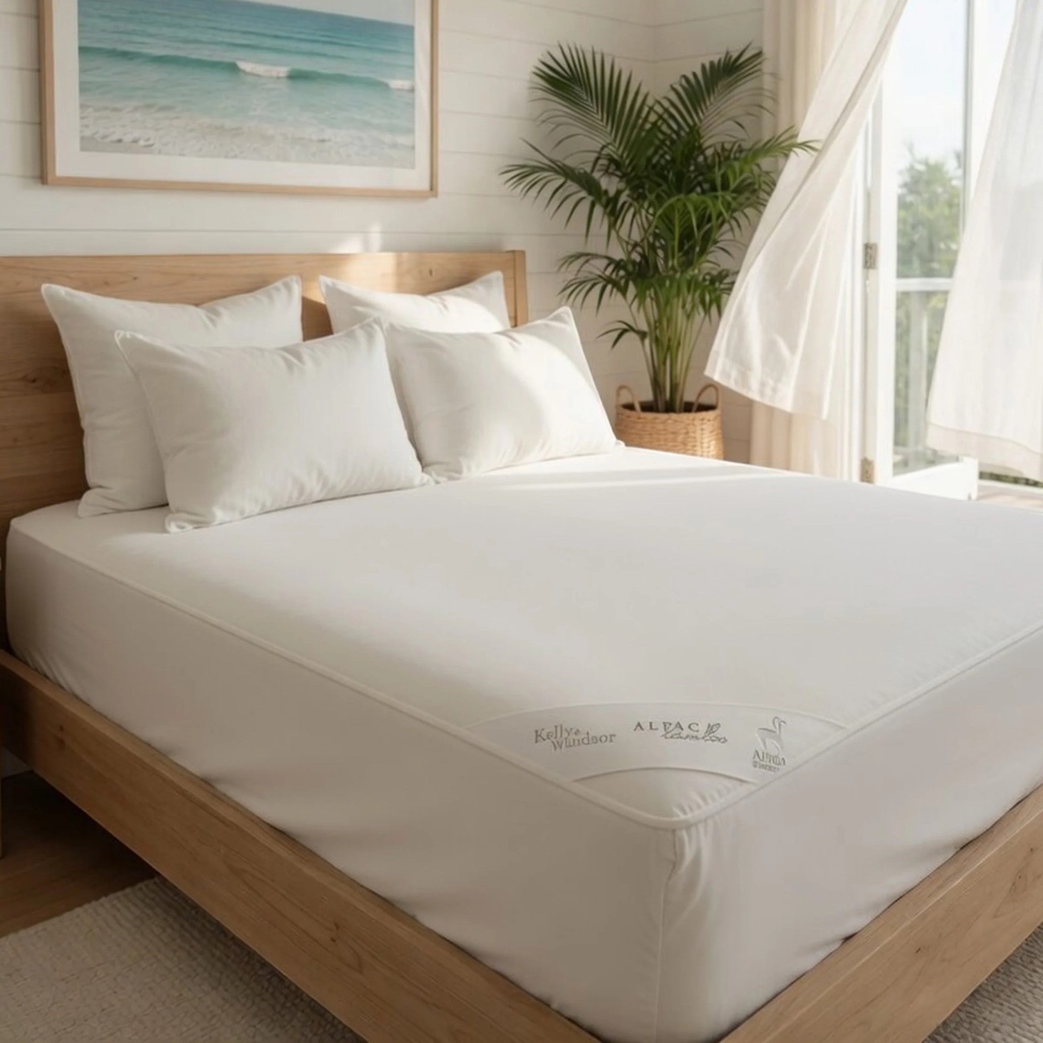 Bed with white mattress alpaca cover and pillows in a bright room with a plant and window.