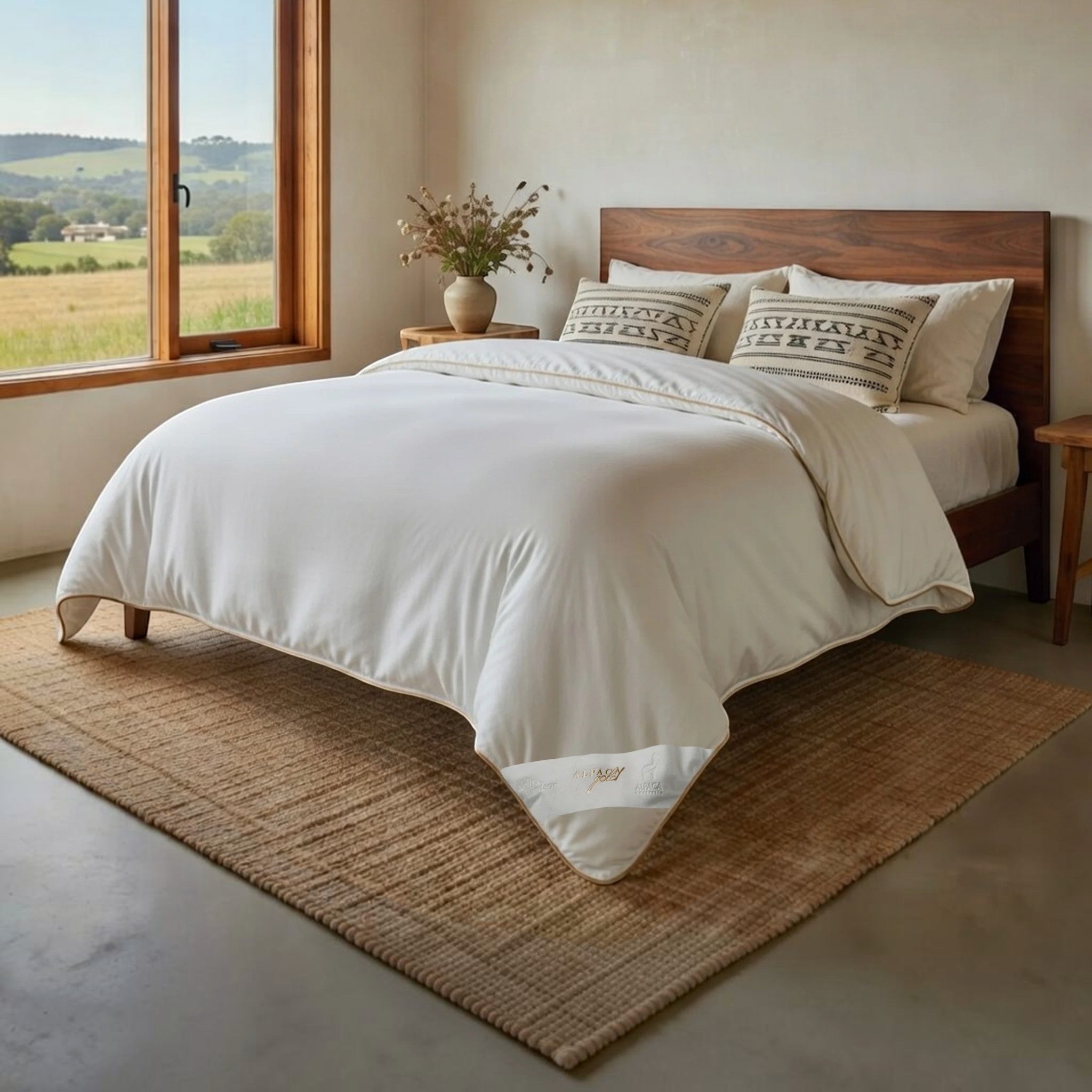 Bedroom with a wooden bed, white kelly & windsor quilt bedding, and a view of a field through the window.