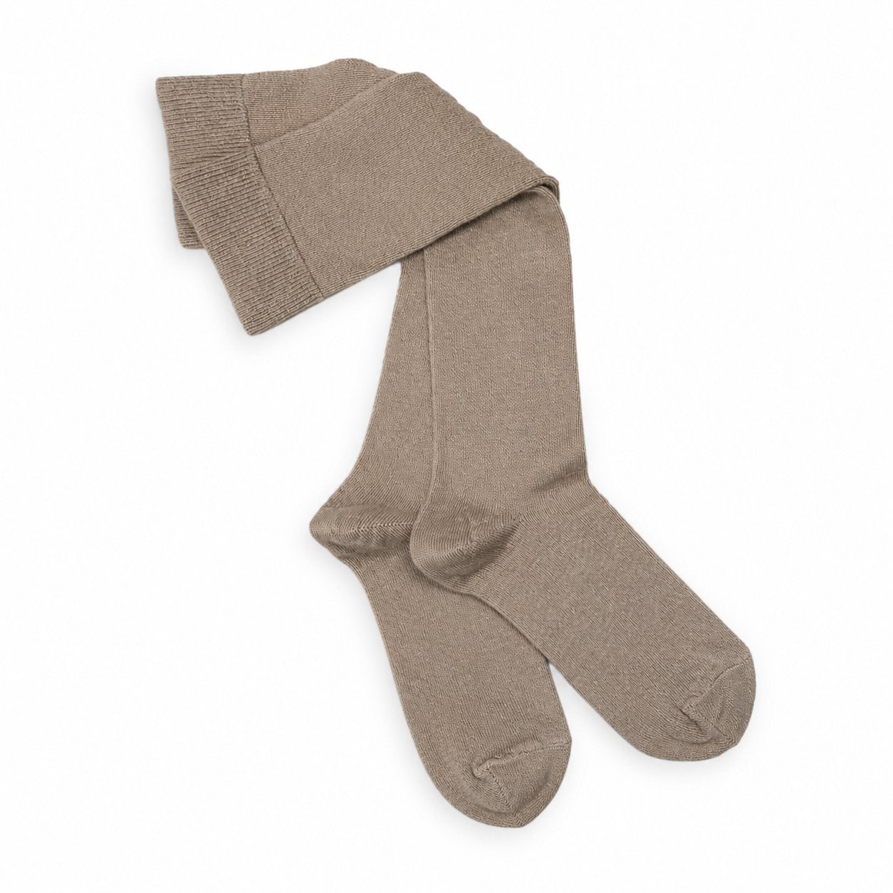 Folded taupe knee-high socks showing the fine baby alpaca blend knit and ribbed tops.