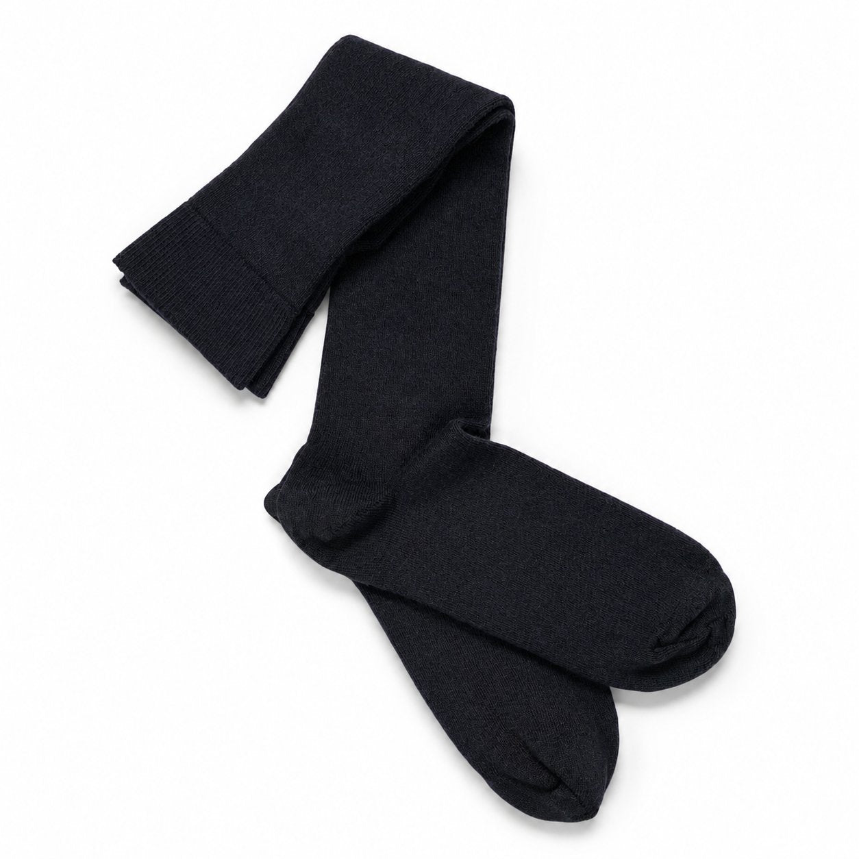 Folded black knee-high socks showing the fine baby alpaca blend knit and ribbed tops.