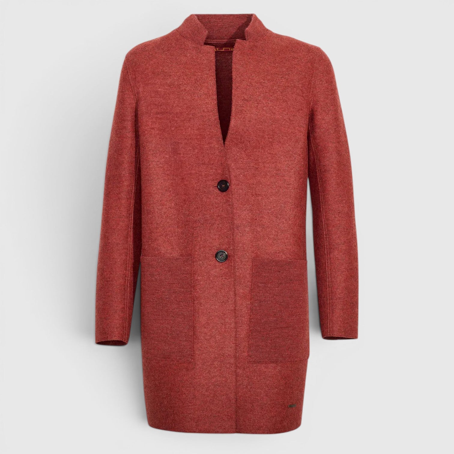 Women’s red alpaca blend coat with stand collar, button front and patch pockets