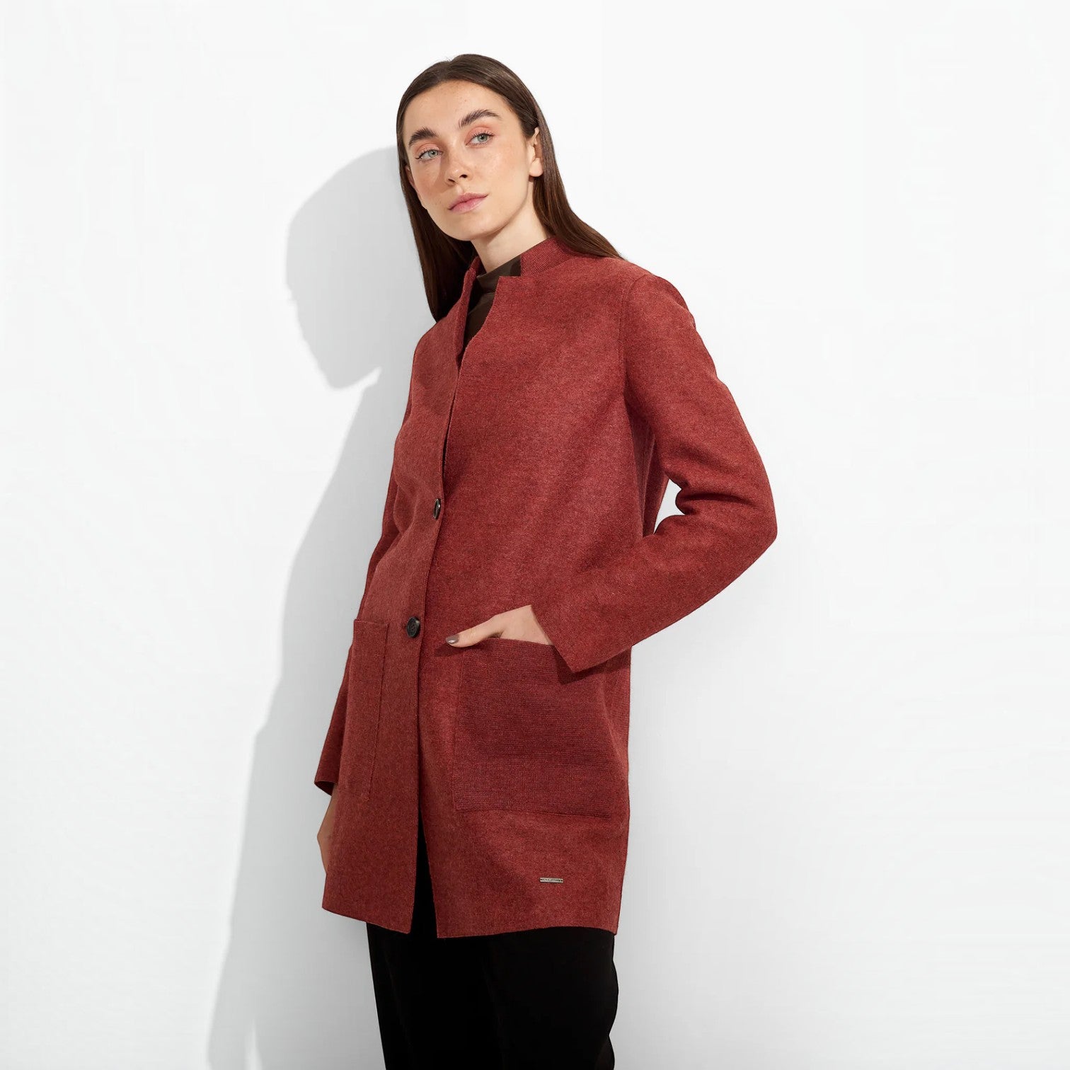 Women’s red alpaca blend coat with stand collar, button front and patch pockets