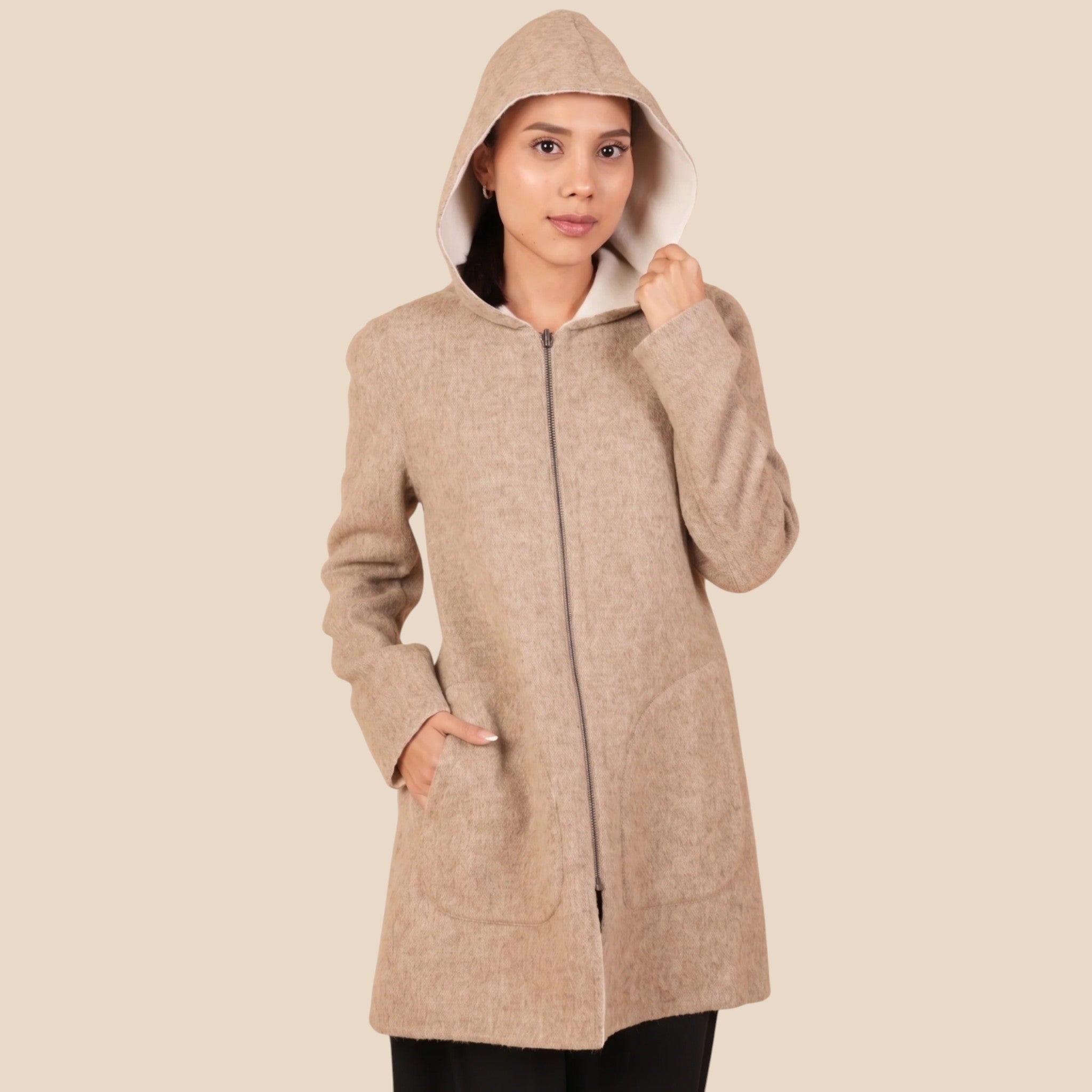 Baby alpaca reversible coat, soft two-way winter gift for women.