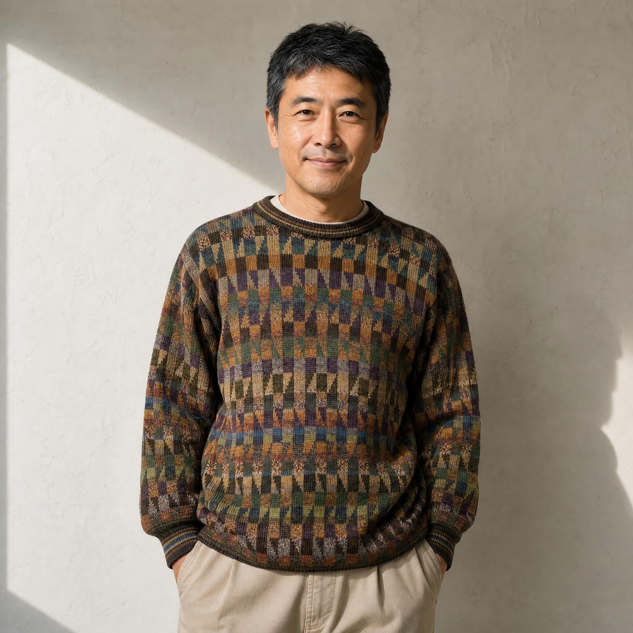 Men’s patterned alpaca sweater with red, brown and charcoal design