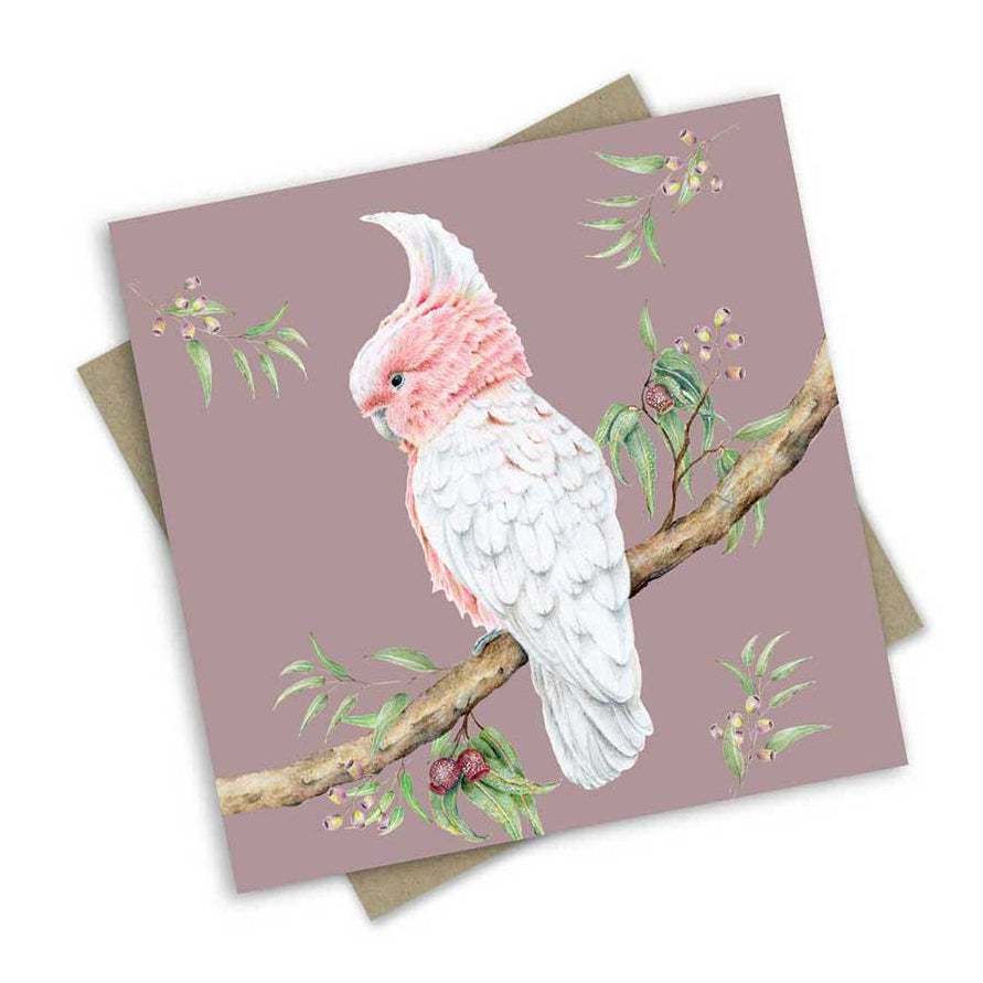 Card featuring a watercolor-style pink and white cockatoo perched on a branch with eucalyptus leaves.
