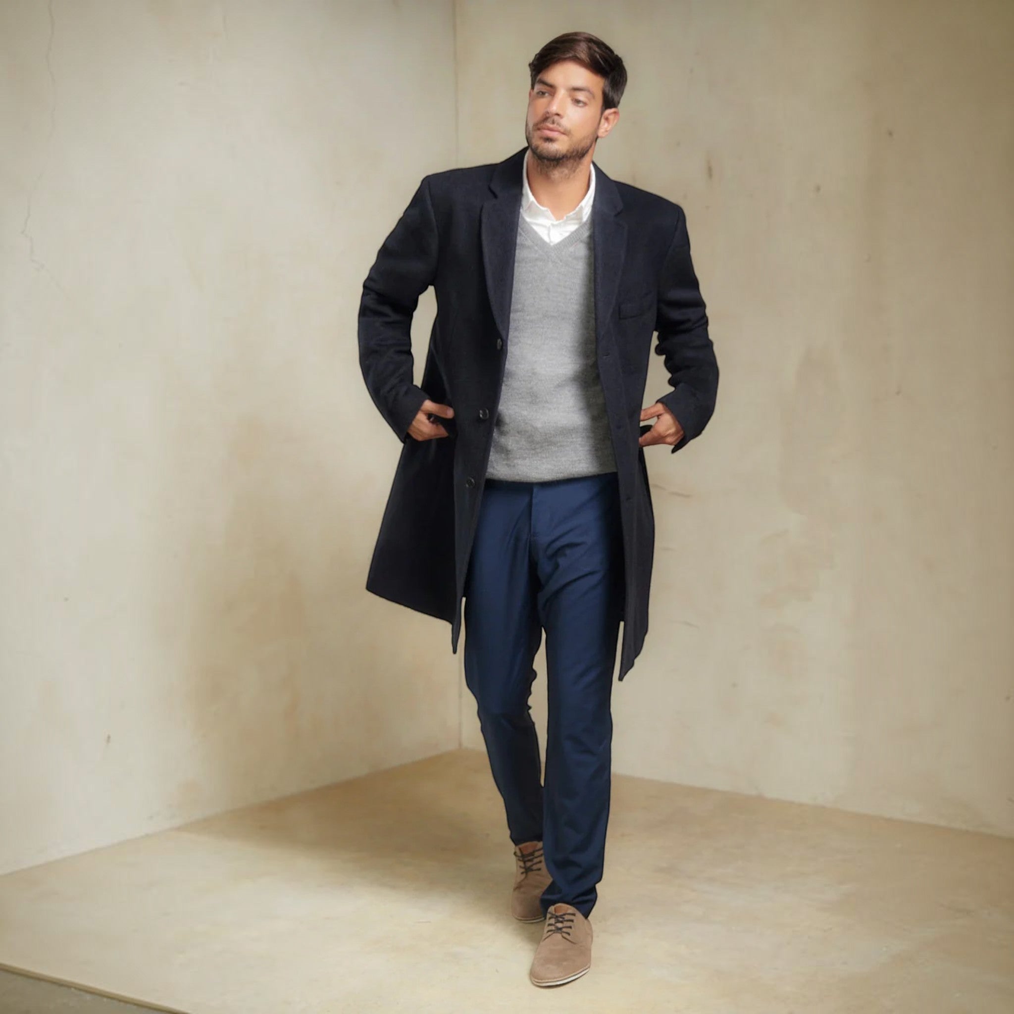 Full-length men’s Baby Alpaca and wool coat with three-button front