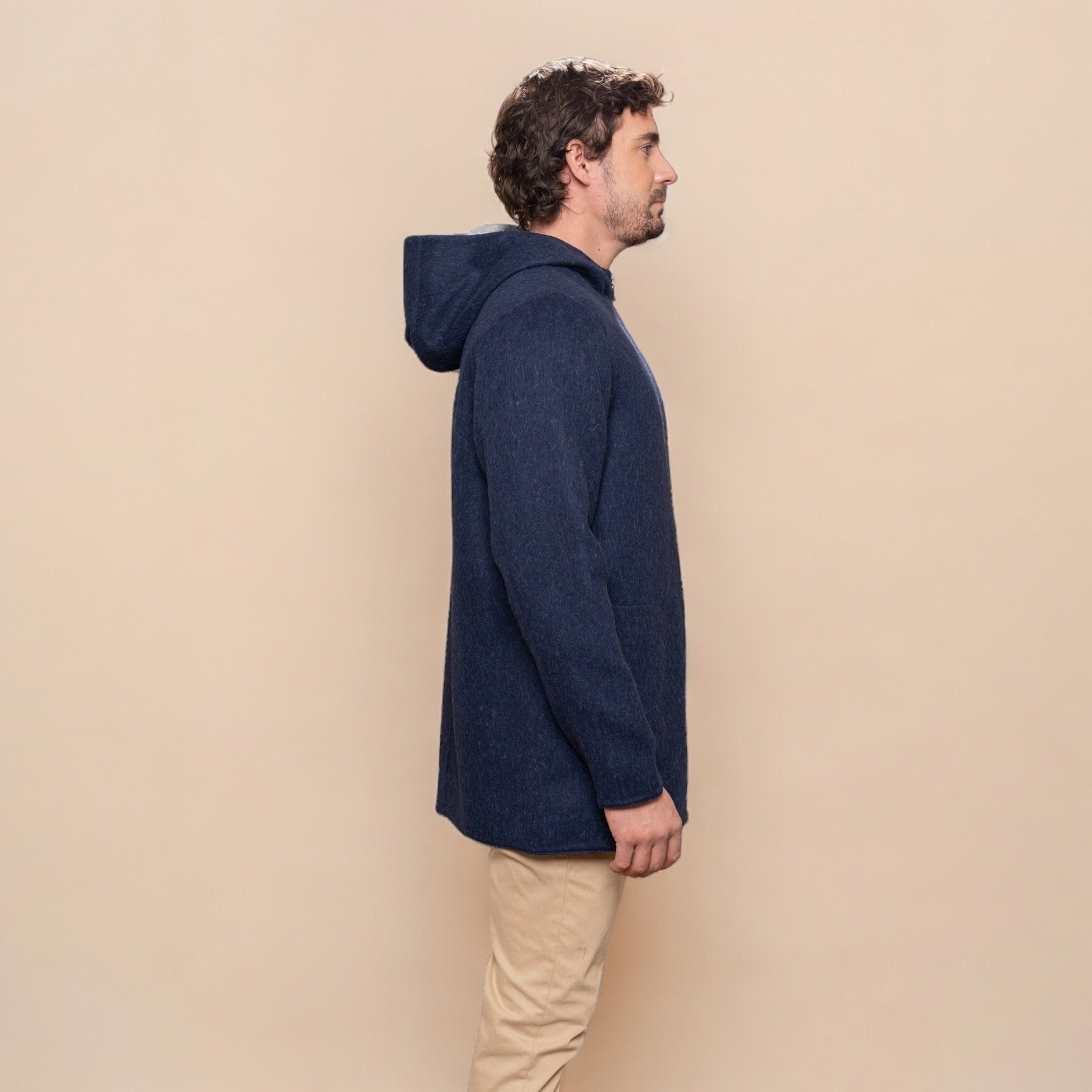 Reversible men’s alpaca jacket in navy and grey, hooded zip winter coat.