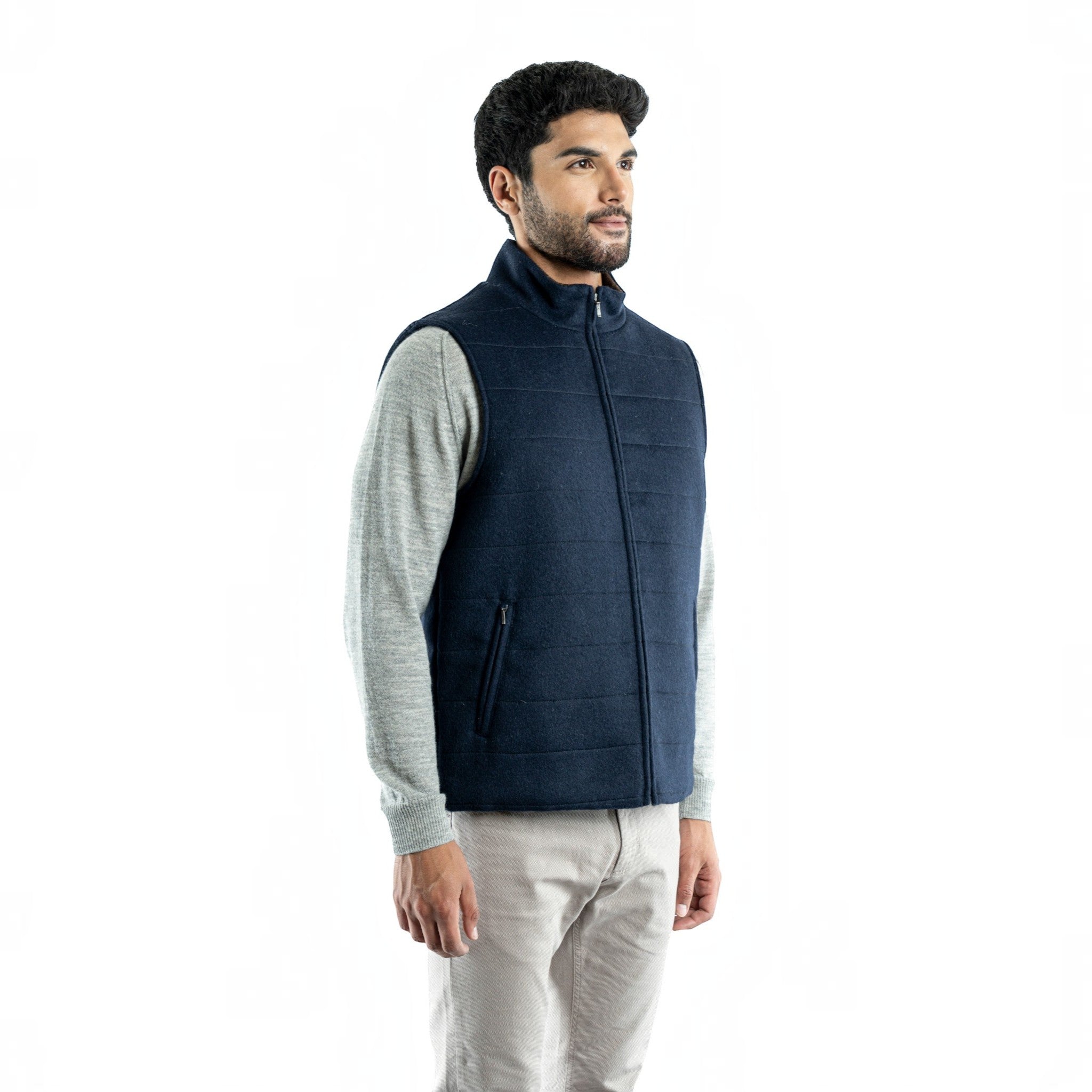 Men’s navy quilted baby alpaca vest with stand collar and zip front
