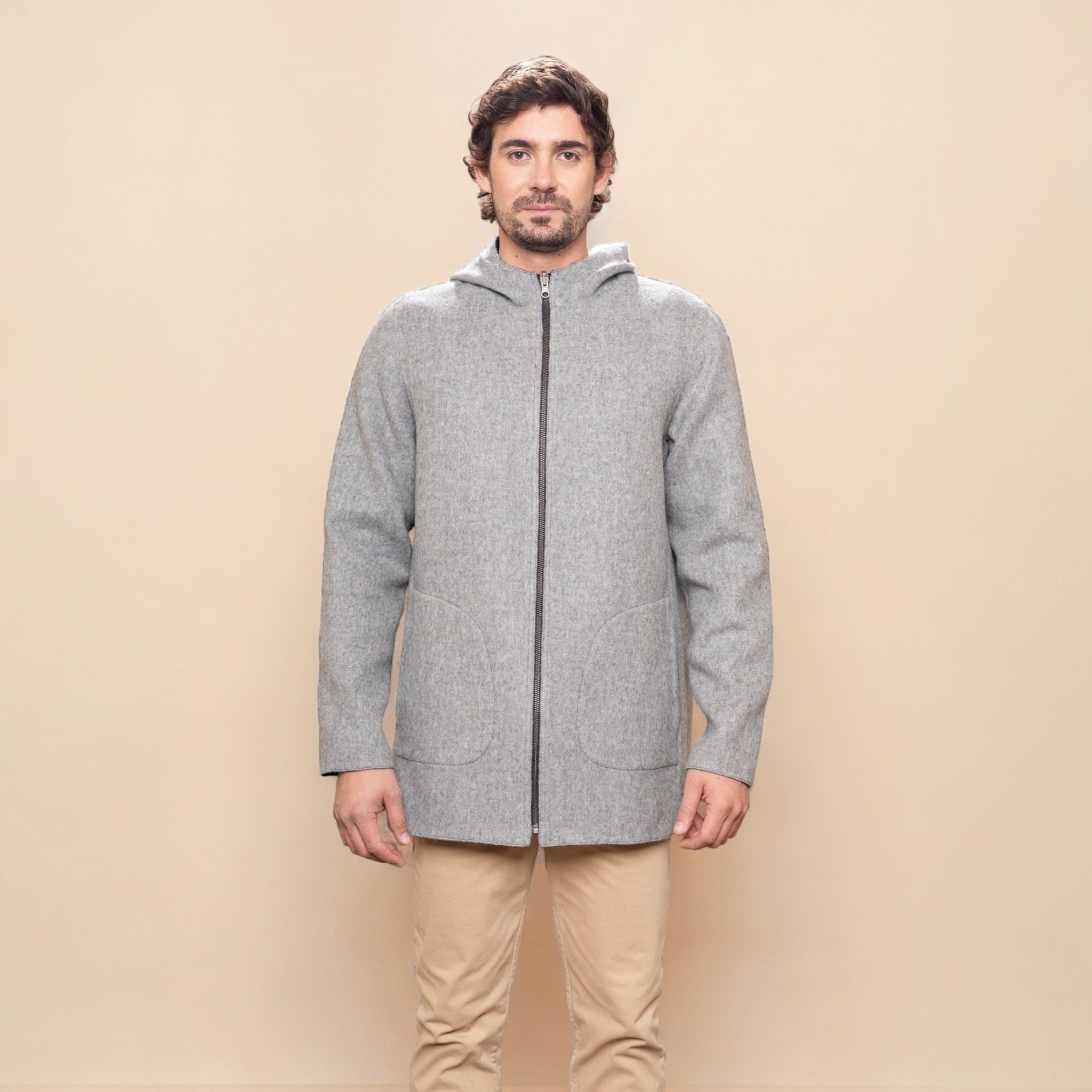 Men’s hooded alpaca jacket with zip front, soft warm cold weather layer.