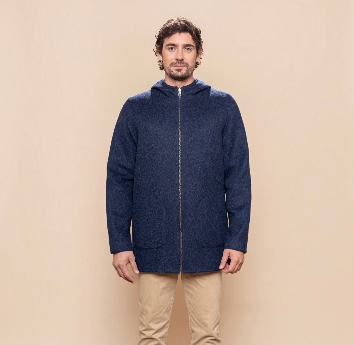 Reversible alpaca zip jacket for men, Navy and mid Grey, lightweight warm winter outerwear.