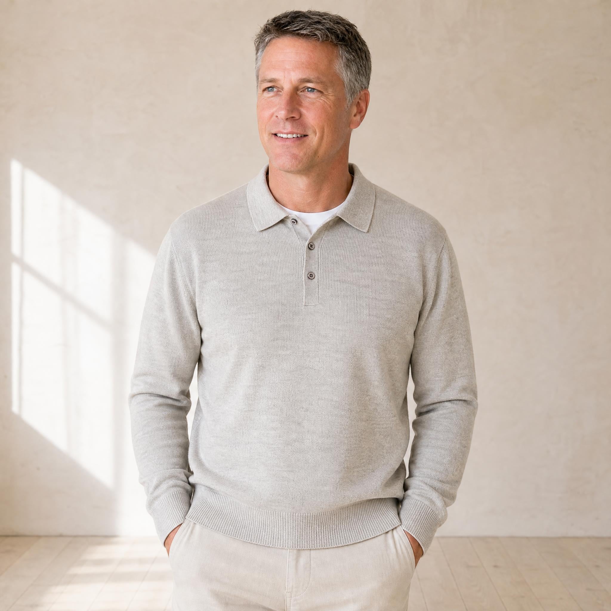 Australian made men’s alpaca cashmere polo sweater on male model in Stone
