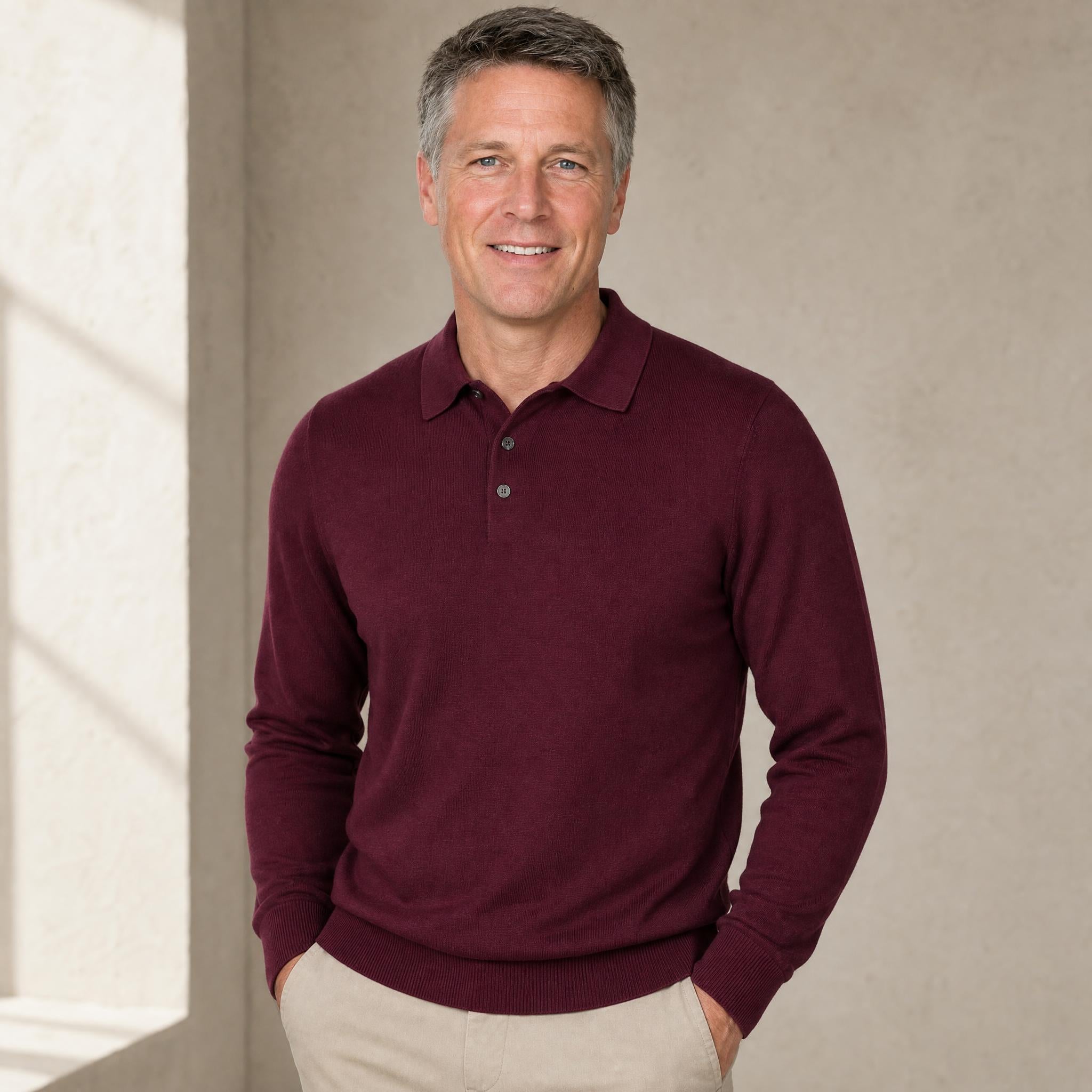 Male model wearing soft alpaca and cashmere polo knitwear in Burgundy
