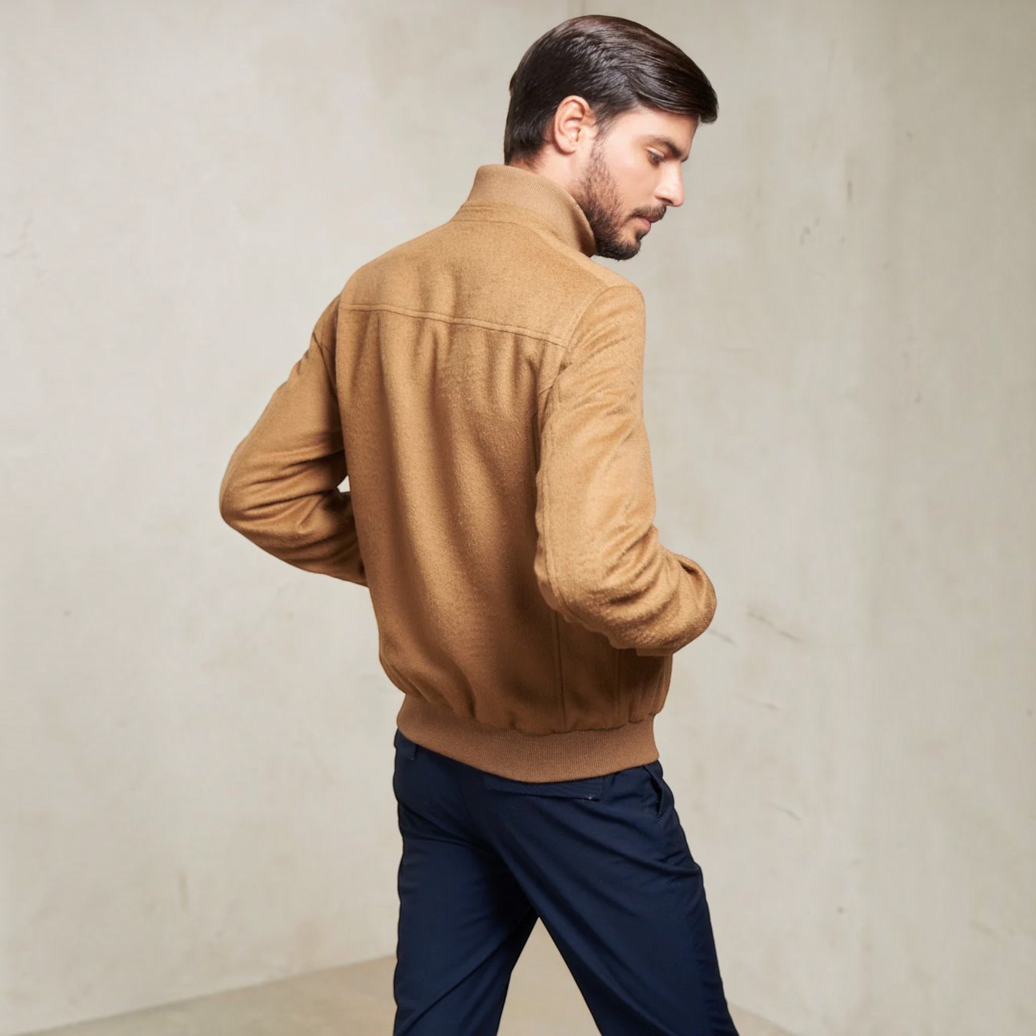 Warm men’s camel winter jacket made from 67% Baby Alpaca and 33% wool