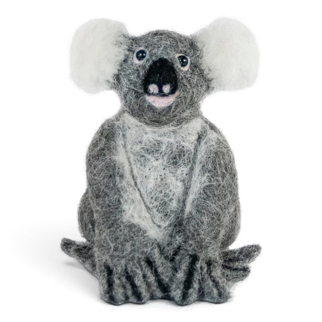 Needle-felted alpaca koala sculpture with white ears and chest, front view