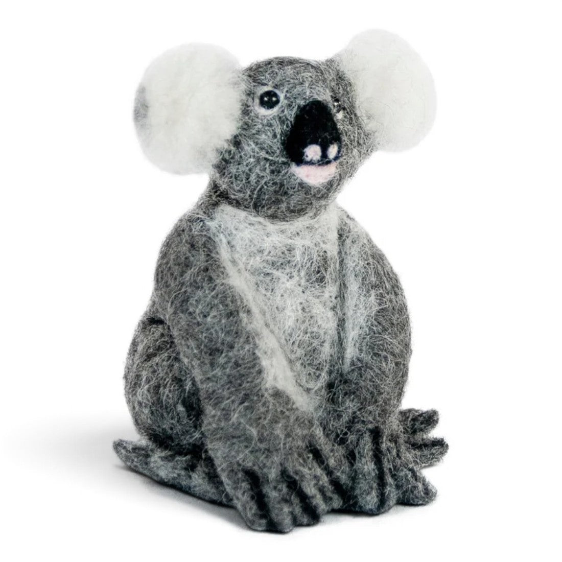 Handcrafted grey alpaca fibre koala sculpture shown at a three-quarter angle