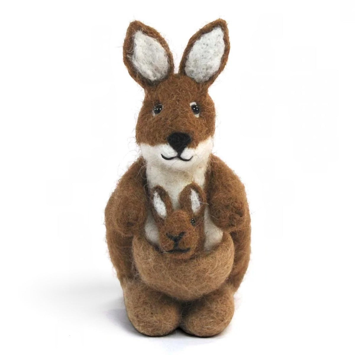 Handcrafted felted alpaca kangaroo with joey in pouch, front view