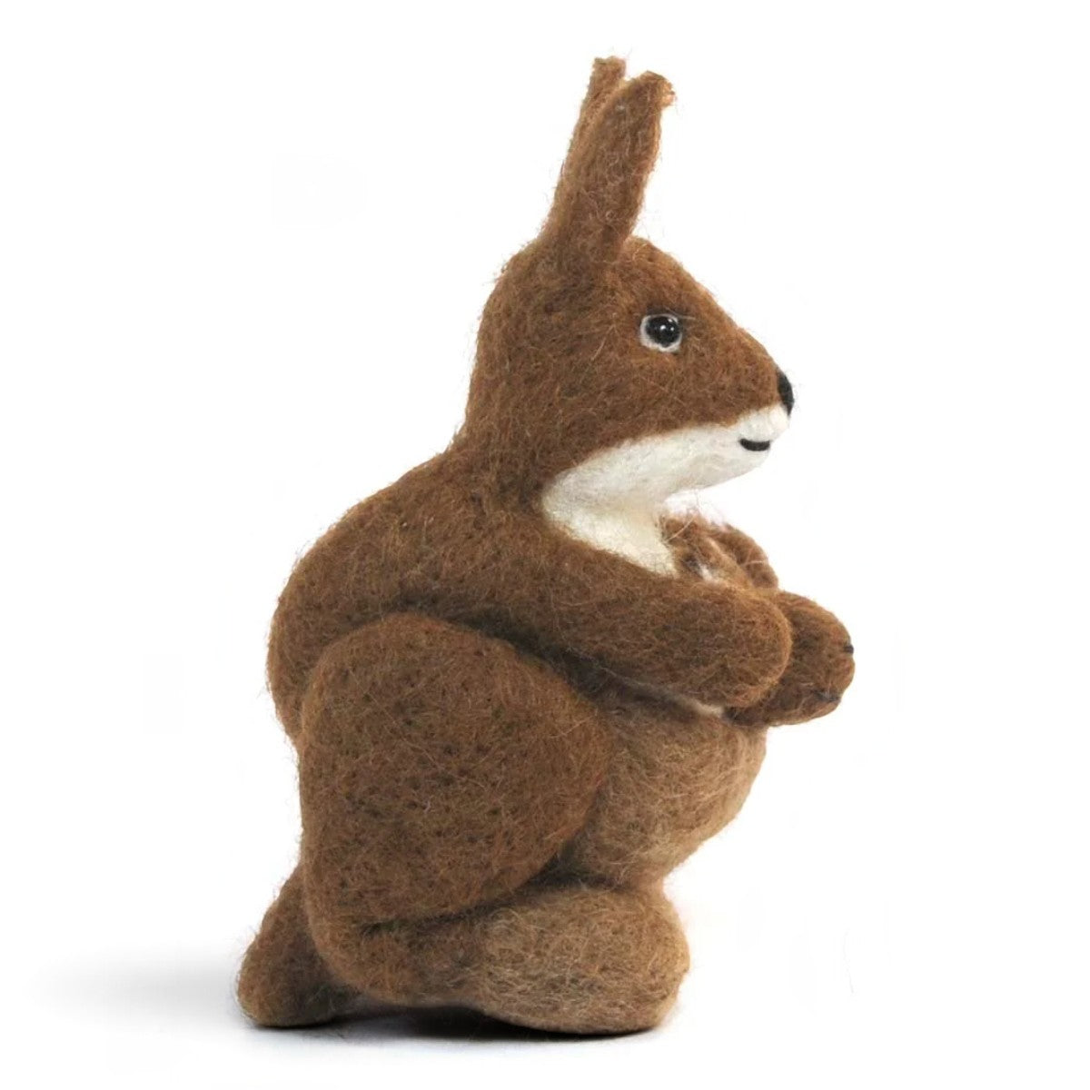 Needle-felted alpaca kangaroo and joey sculpture shown from the side