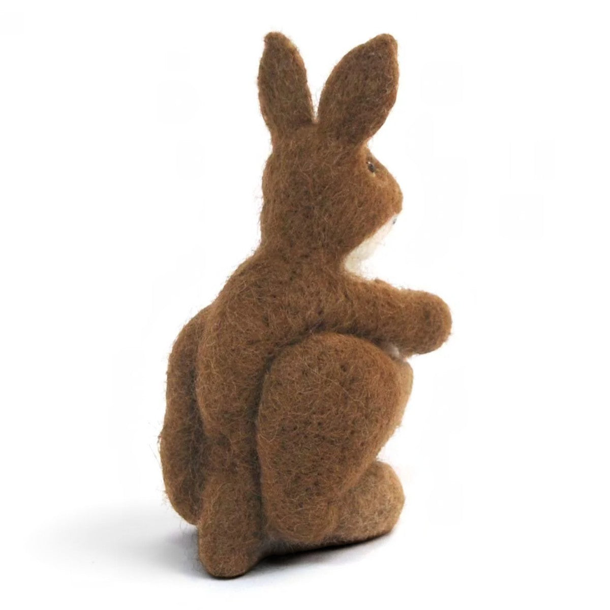 Handcrafted brown felt kangaroo with strong tail, rear side view