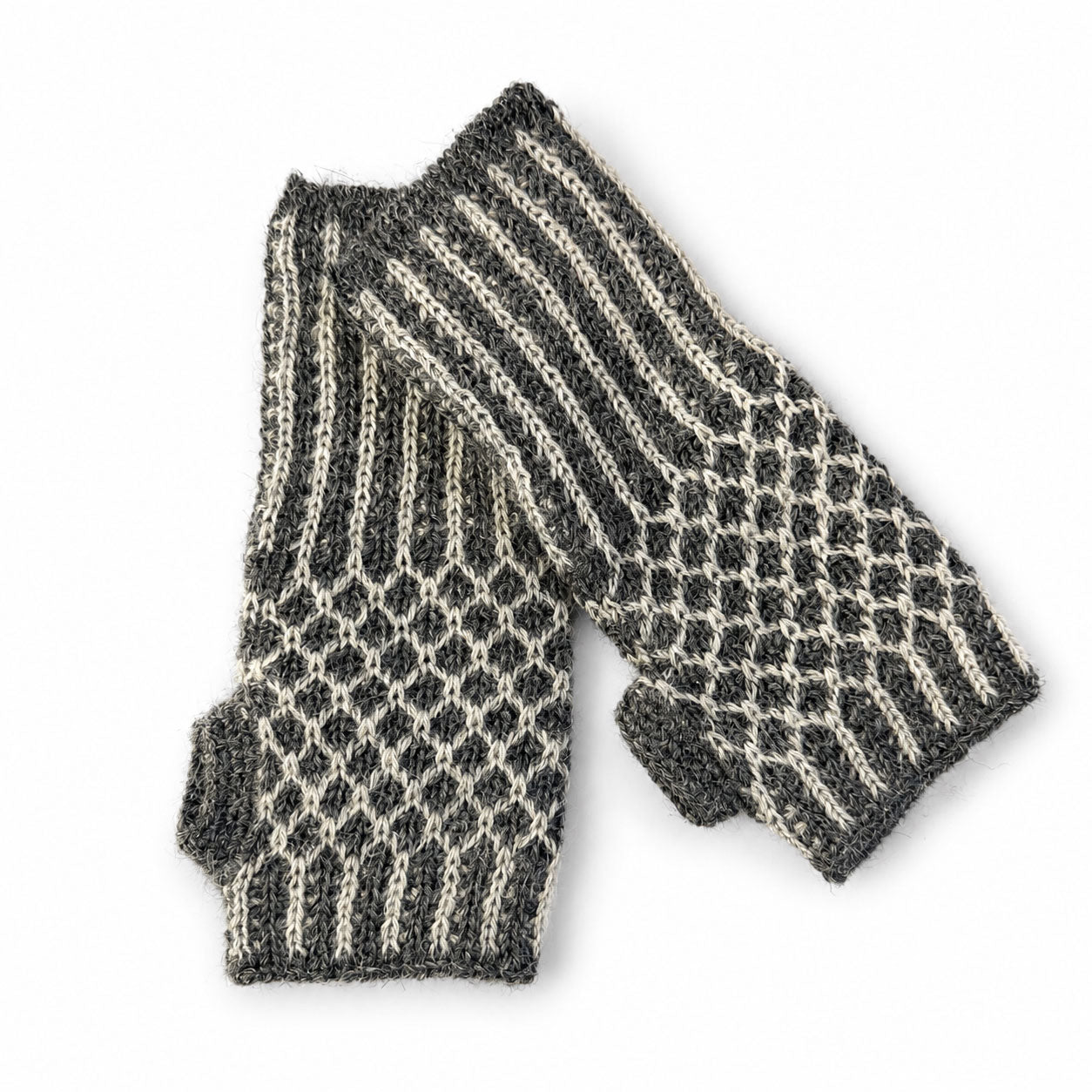 wo-tone Baby Alpaca fingerless gloves with ribbed detailing and thumb holes.