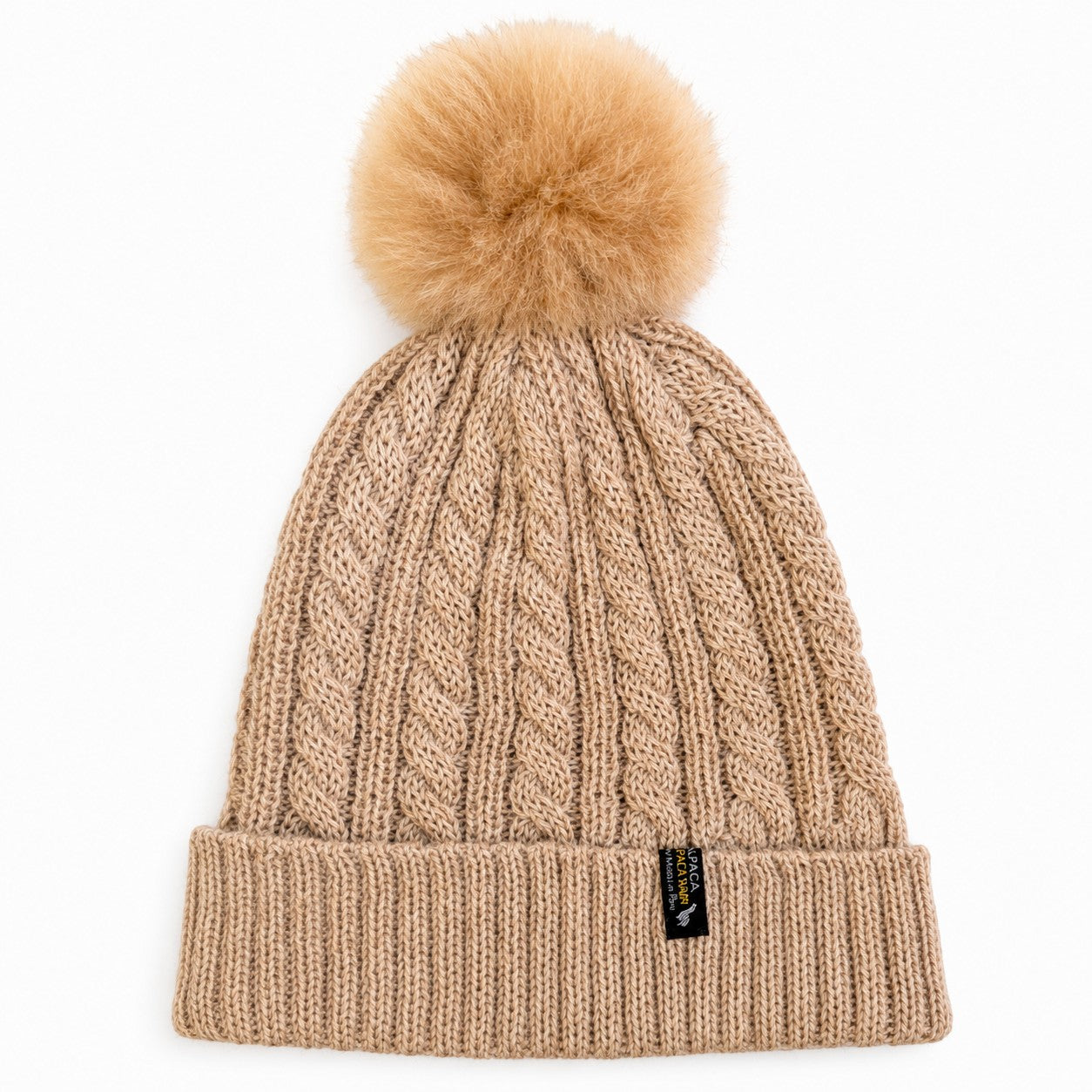 Alpaca beanie with cable knit detail and alpaca fur pompom in Camel