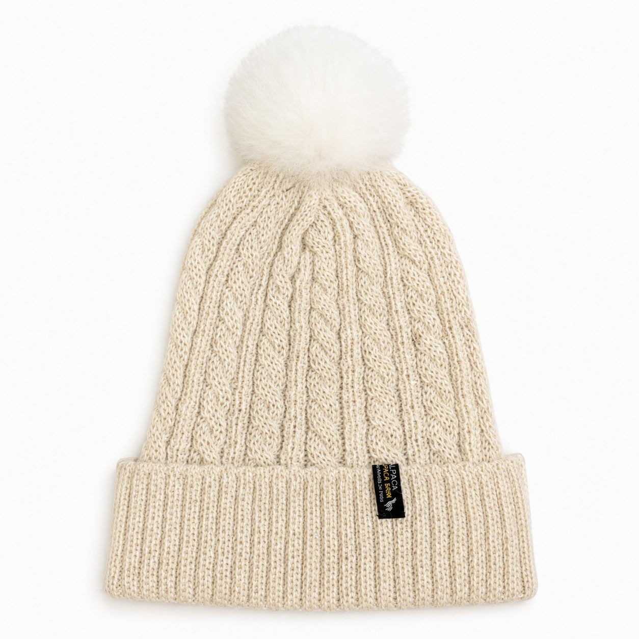 Soft alpaca cable beanie in cream with fluffy alpaca fur pompom 