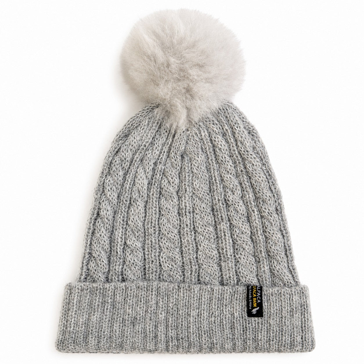 Silver grey Cable knit alpaca beanie with alpaca fur pompom