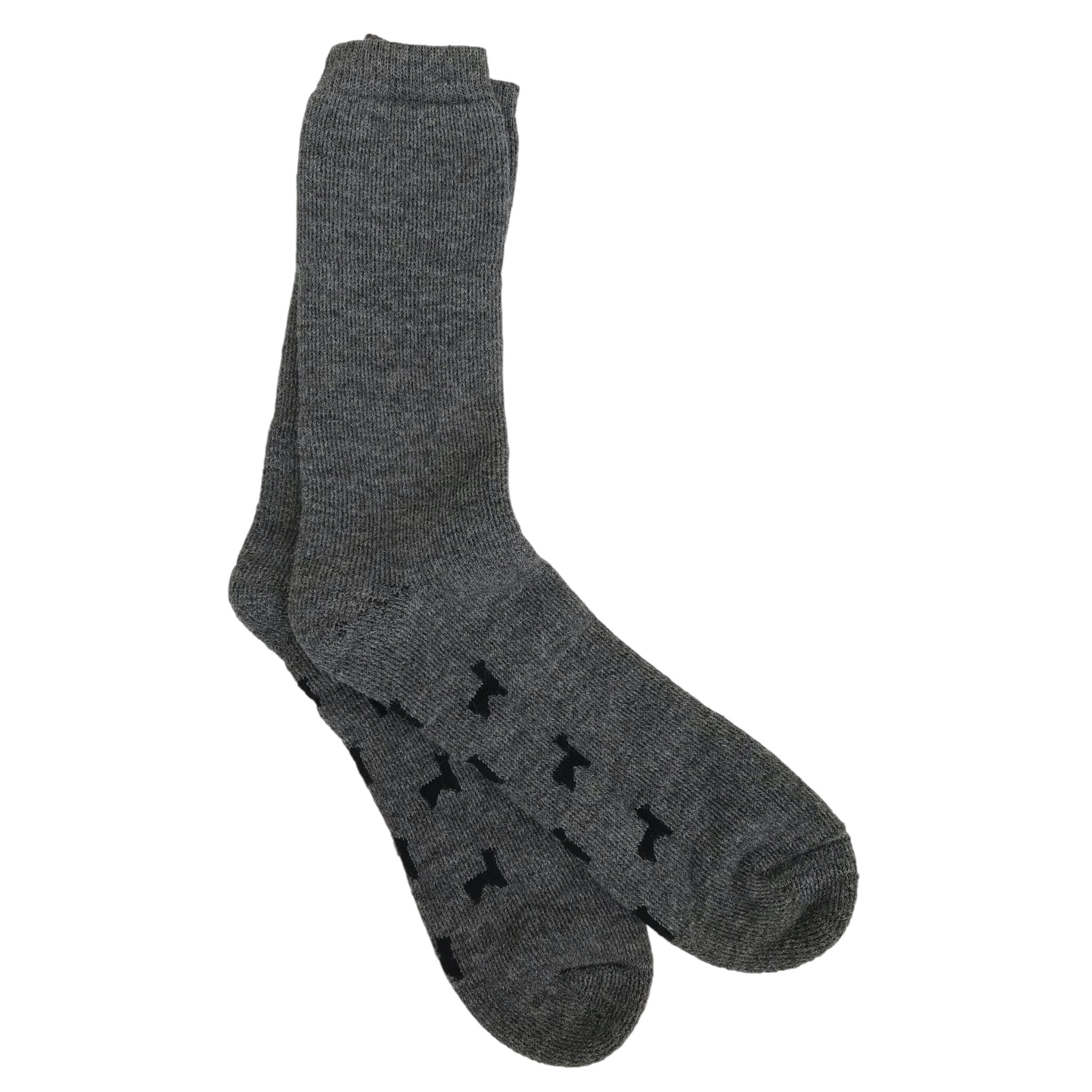 Outdoor charcoal alpaca socks with alpaca design, soft breathable socks for cold weather.